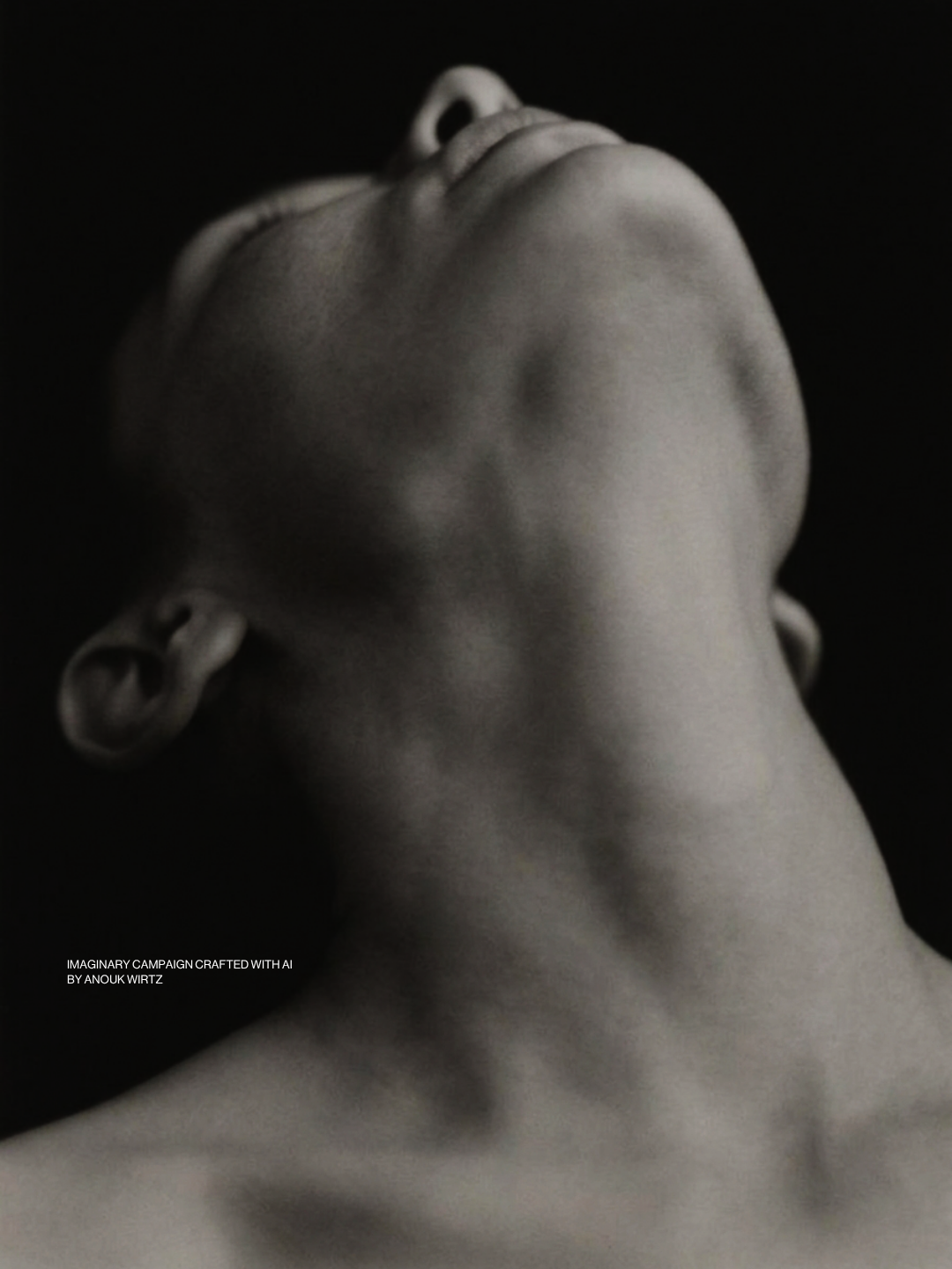 Black and white photo of a person's face tilted upward, with eyes closed and lips slightly parted.