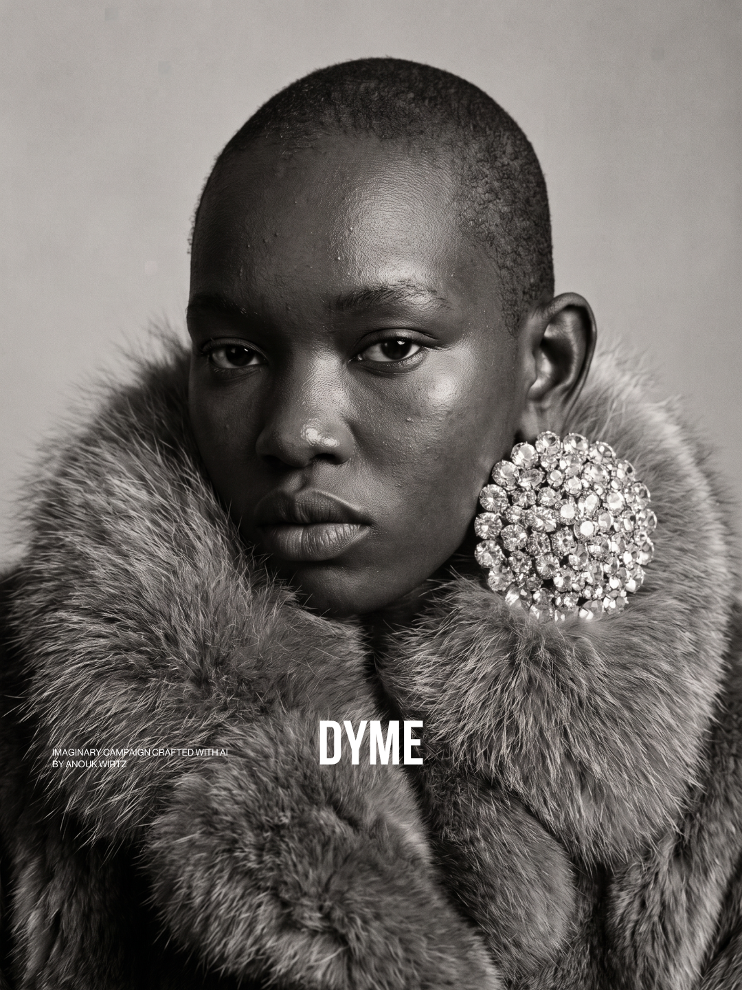 A black and white portrait of a woman wearing a luxurious fur coat and a large, sparkling earring, looking directly at the camera.