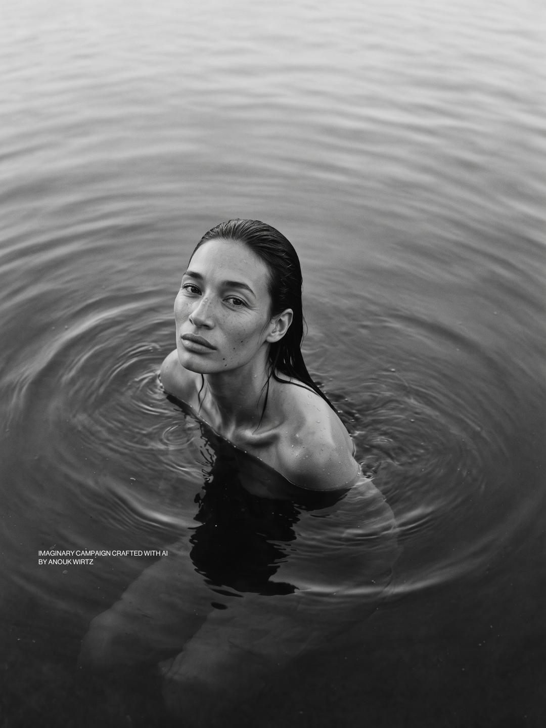 Black and white photo of a woman with wet hair in a body of water, looking at the camera with a calm expression.