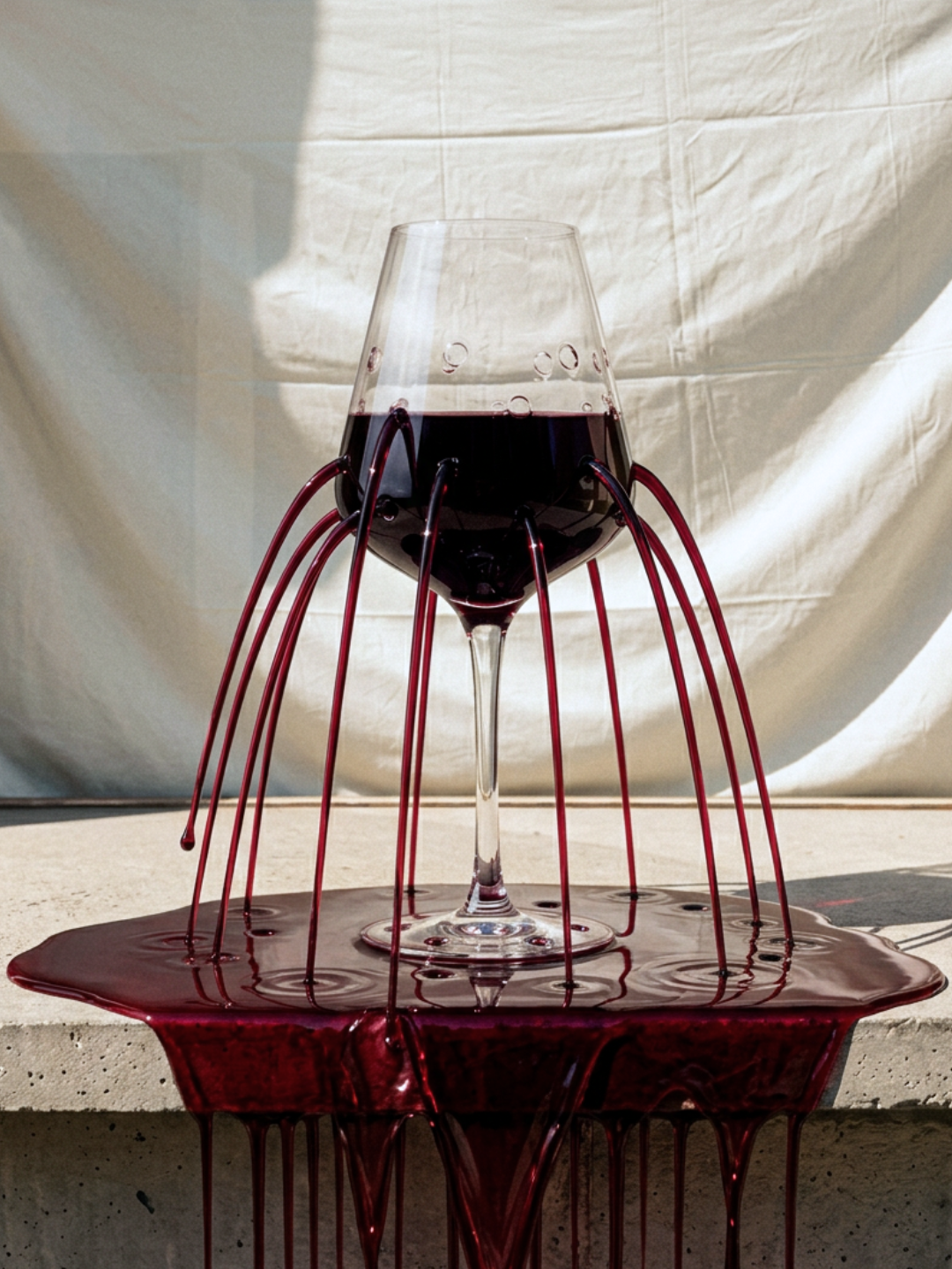 A wine glass filled with red wine placed on a surface with red liquid spilling from the glass and beneath it, creating a puddle.