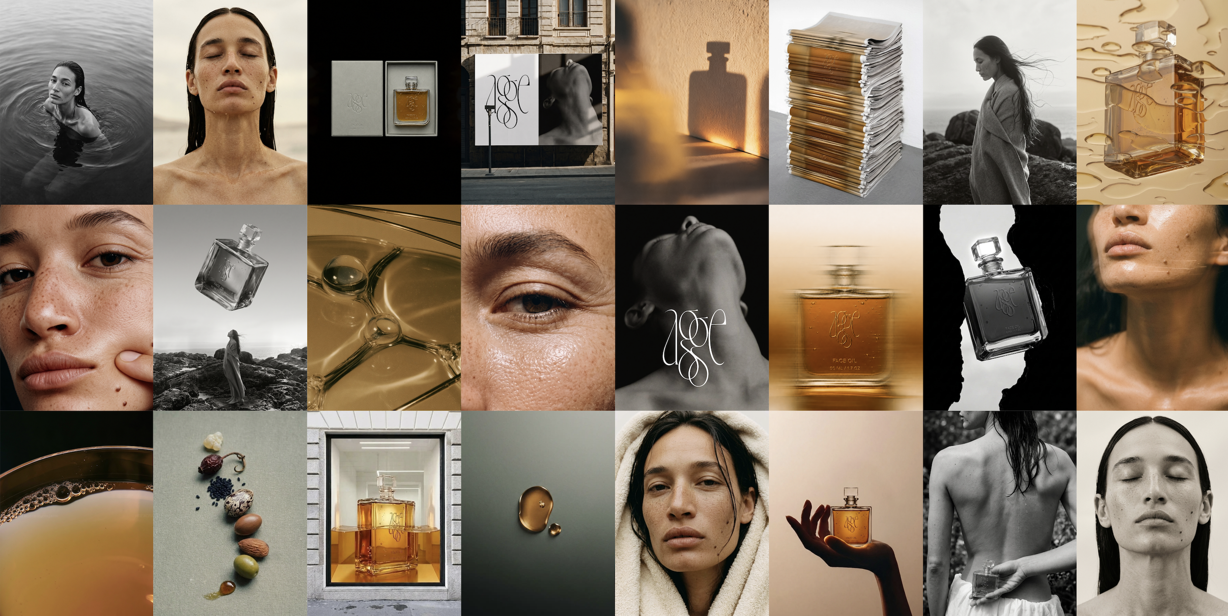 Collage of images related to skincare, perfume, and natural beauty. Includes close-ups of women, perfume bottles, a magnified face, a woman standing on rocks, stacks of paper, and abstract shots of liquids and textures.