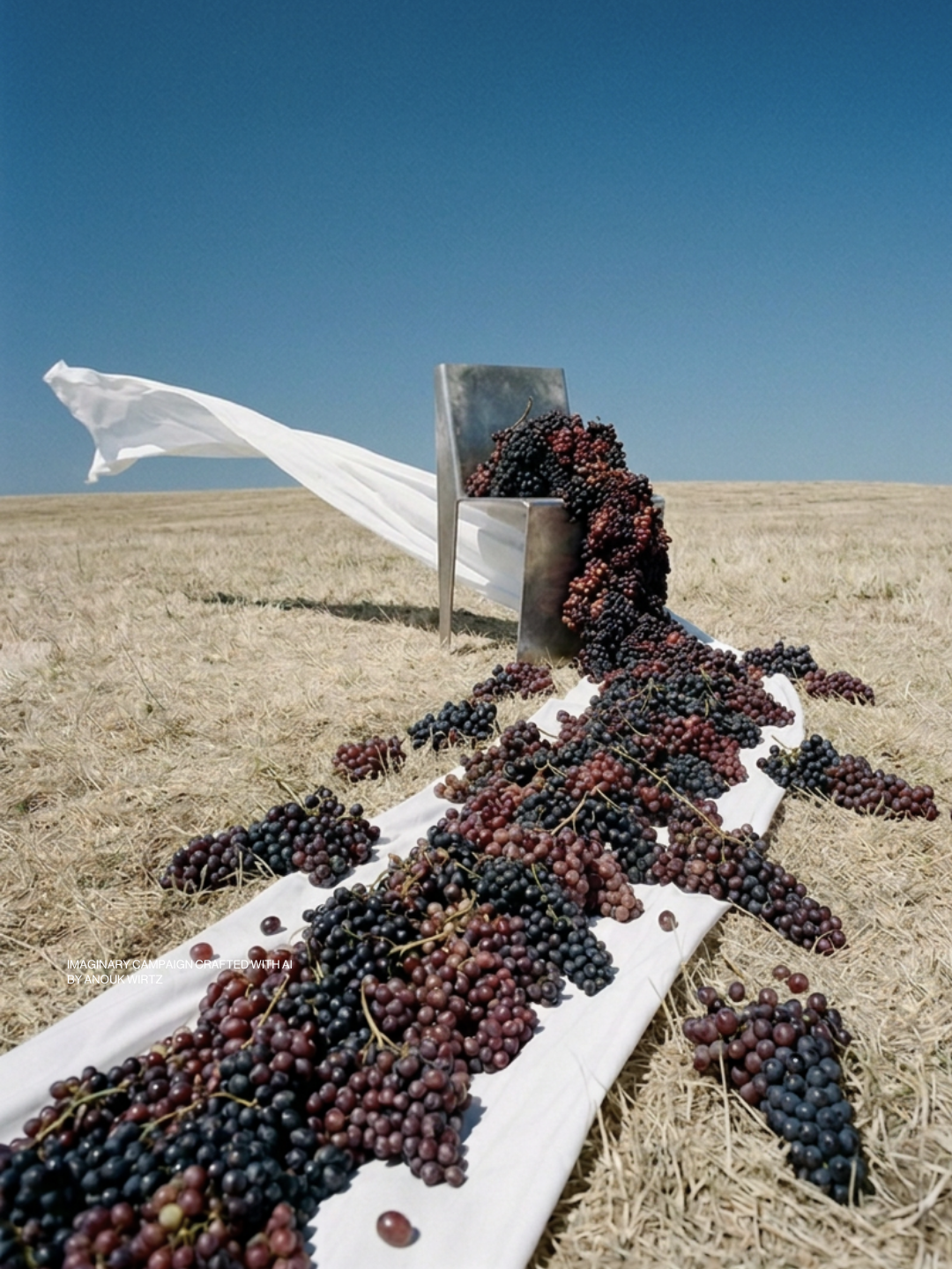 A metallic chair in a dry, open field with dark purple and red grapes cascading over and around it, with a white cloth extending from the chair across the ground and a clear blue sky overhead.