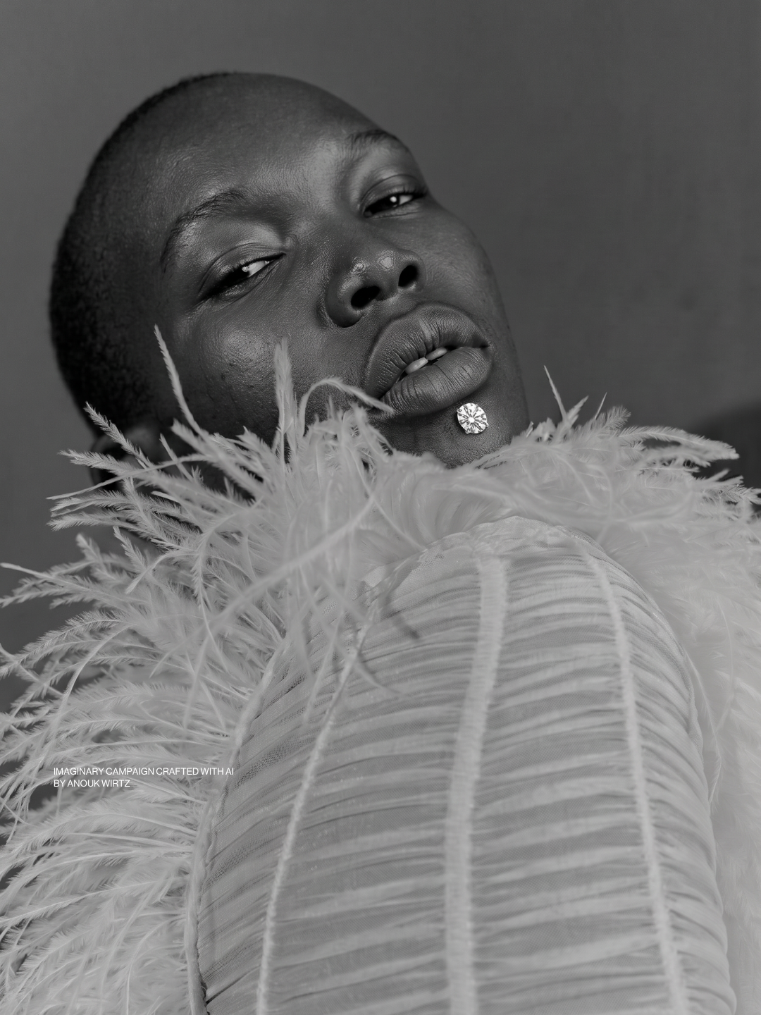 Close-up black and white portrait of a person with short hair, wearing a feathered outfit and a lip ring, looking into the camera.