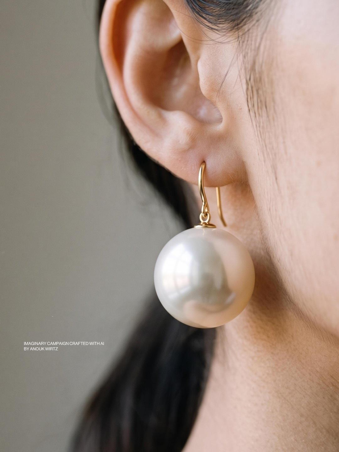 Close-up of a woman's ear wearing a gold hoop earring with a large pearl pendant.