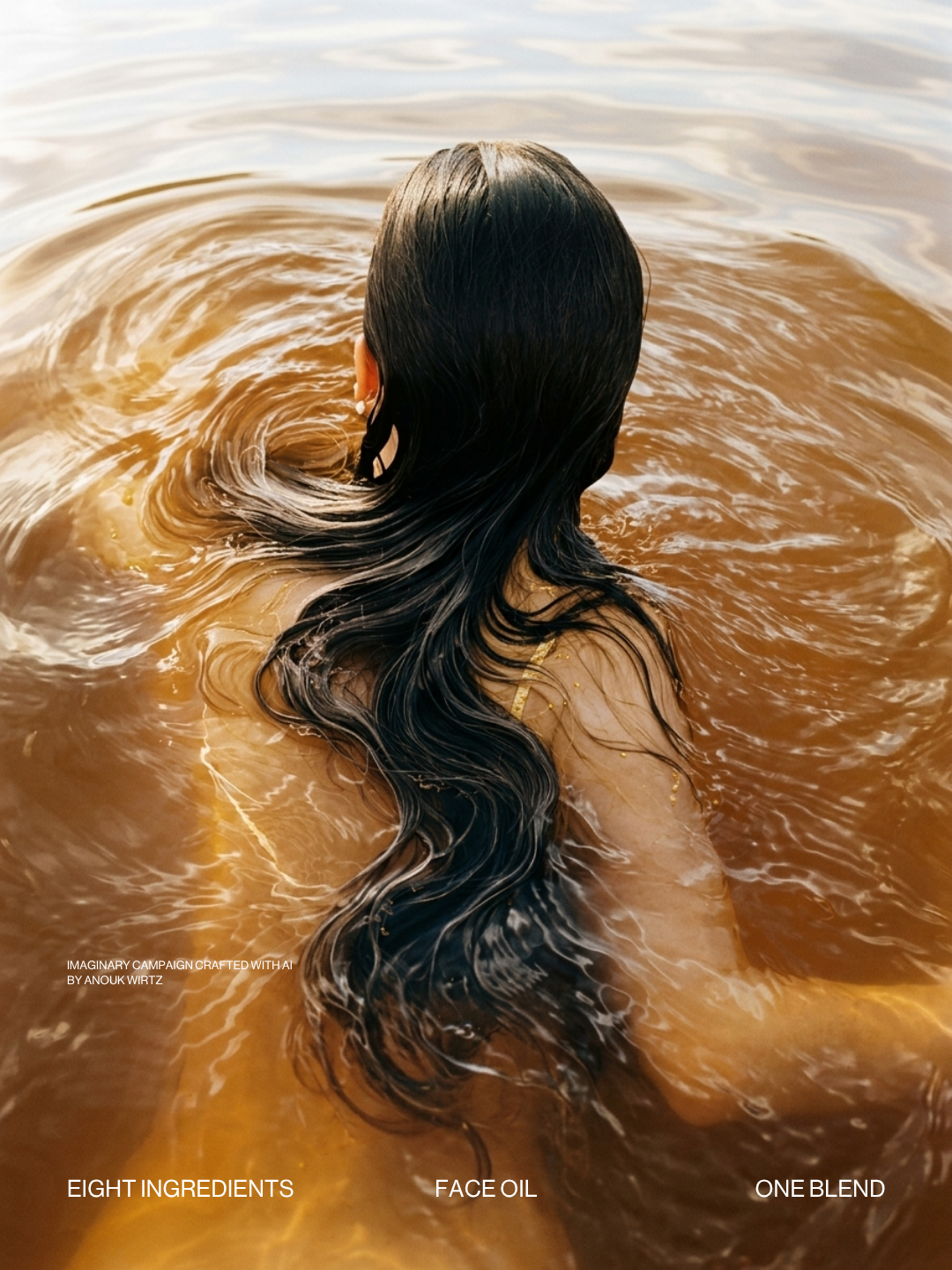Person with long, black, wet hair submerged in brown water, viewed from behind.
