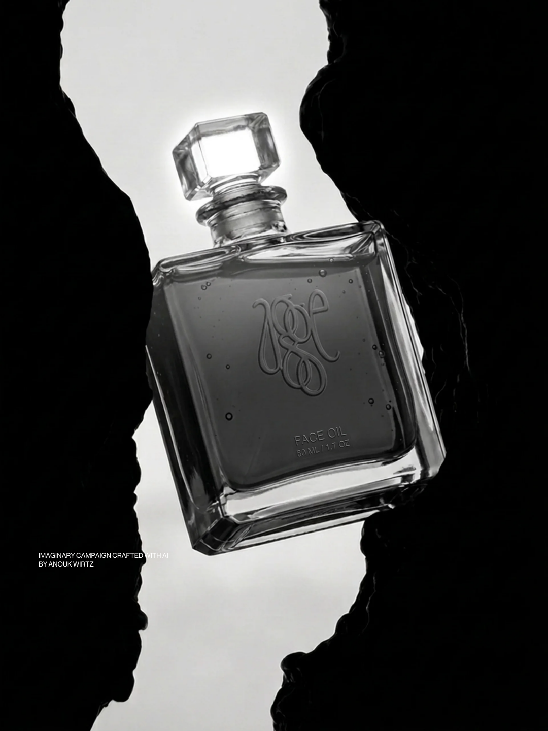 A black-and-white photo of a glass bottle labeled face oil, held between two dark, silhouetted hands.