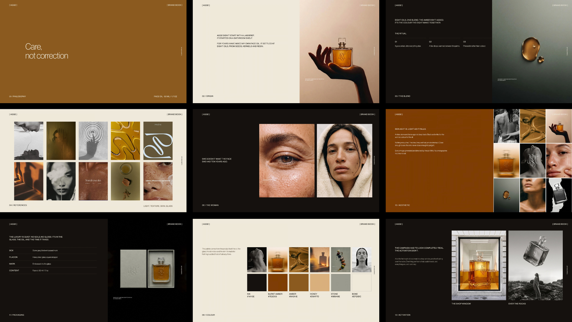 Collage of images including skincare products, a woman with wet skin, a person holding a perfume bottle, and various design elements with text describing skincare philosophy and aesthetics.