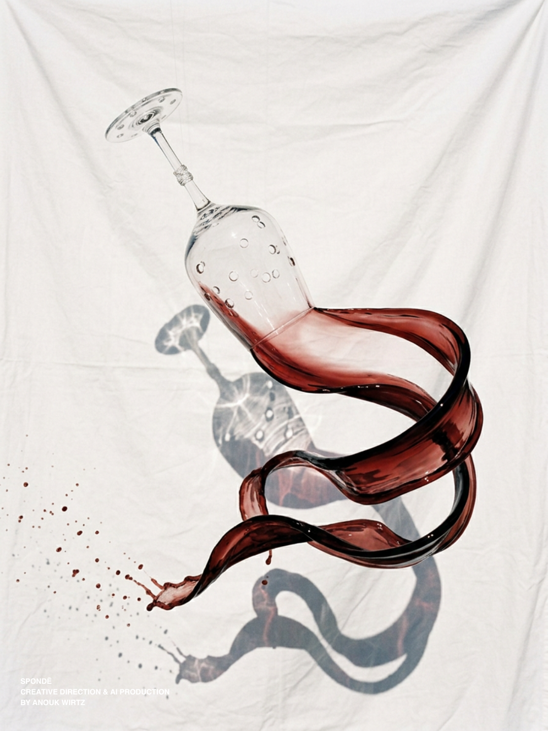 Artistic depiction of a glass sculpture resembling a wine glass with red wine flowing through a curving, spiral-shaped structure, casting shadows on a white background.