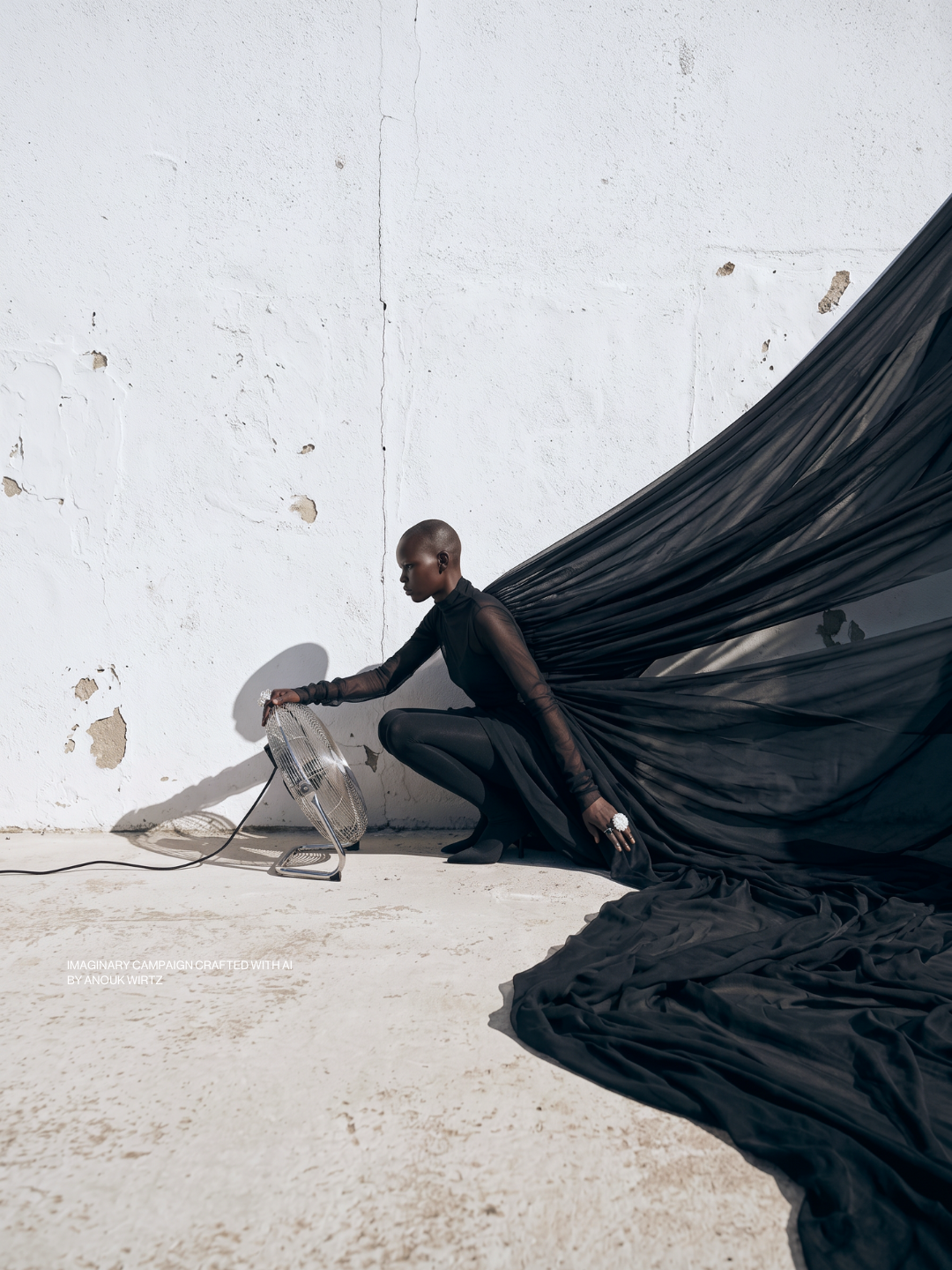 A woman dressed in black with a long flowing cape is kneeling near a small electric fan on a concrete floor against a white wall with peeling paint.
