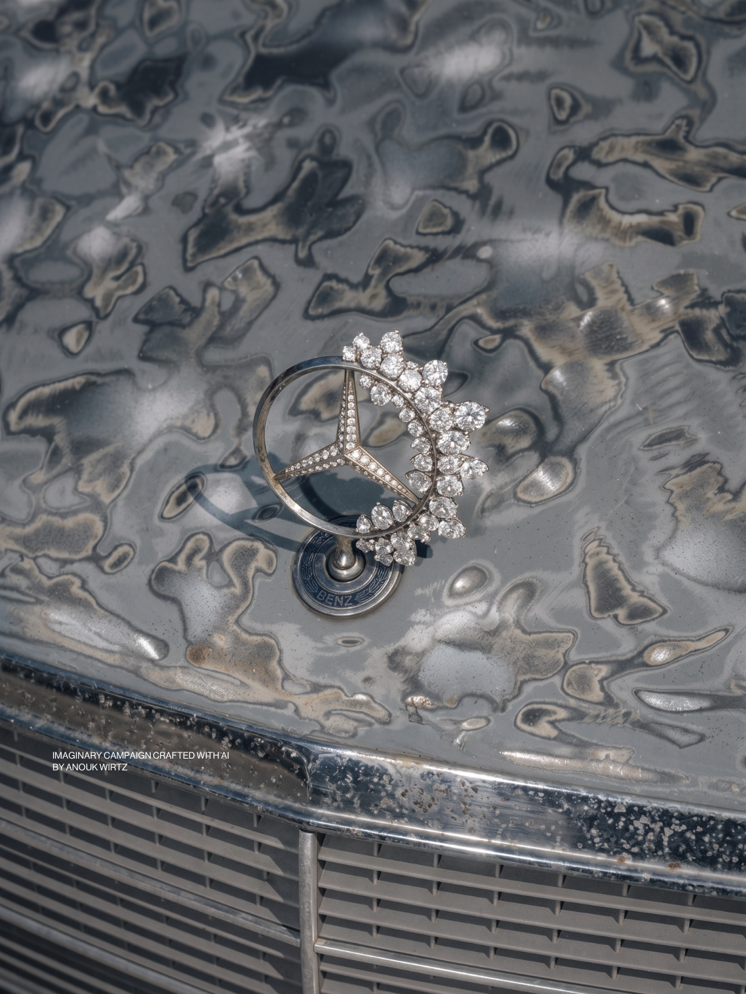 A Mercedes-Benz hood ornament adorned with a diamond-encrusted Mercedes-Benz logo and a floral diamond design, resting on a reflective, weathered metal surface.