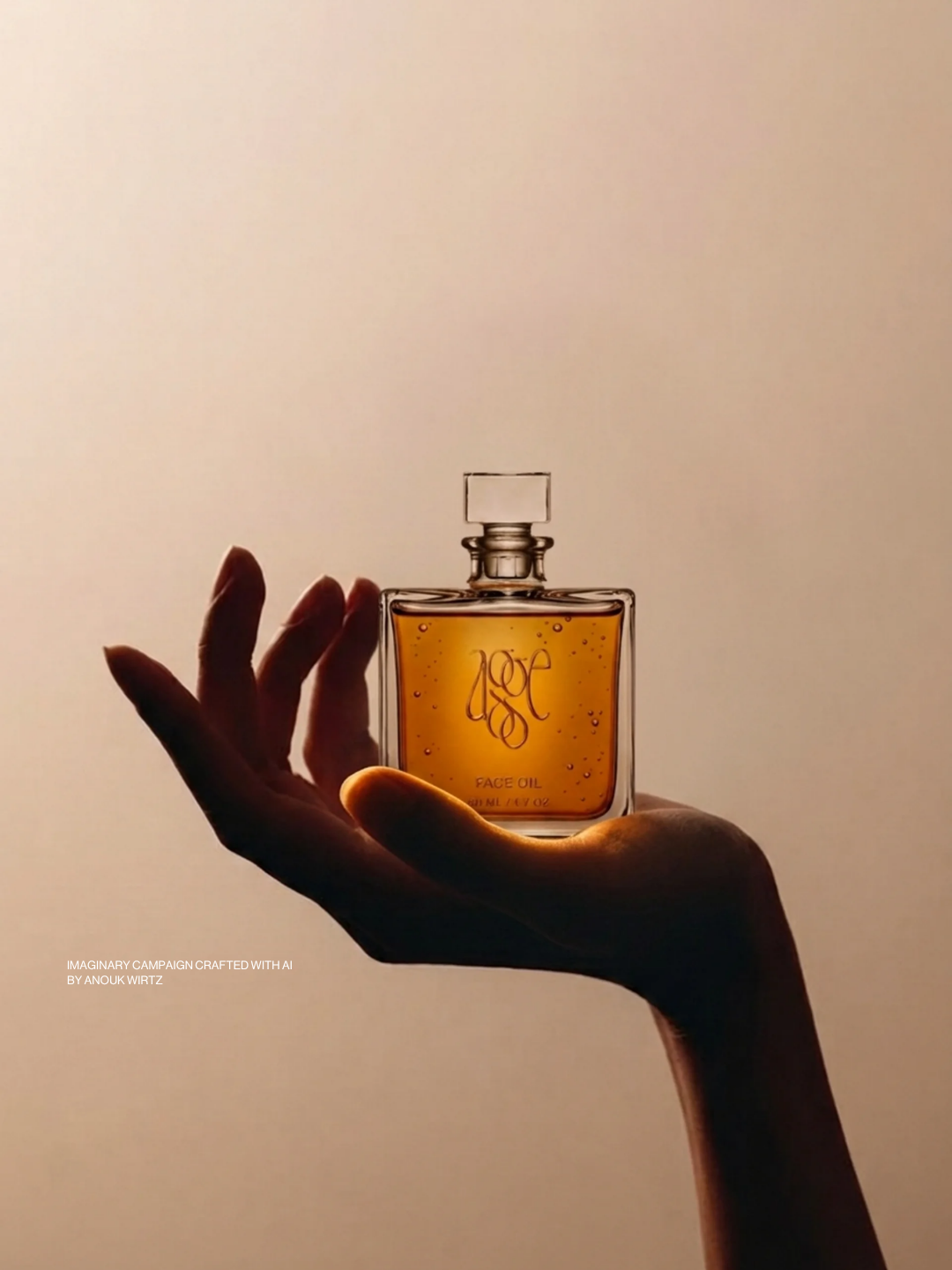 A hand holding a clear glass perfume bottle labeled 'love' filled with amber-colored oil against a backlit plain background.