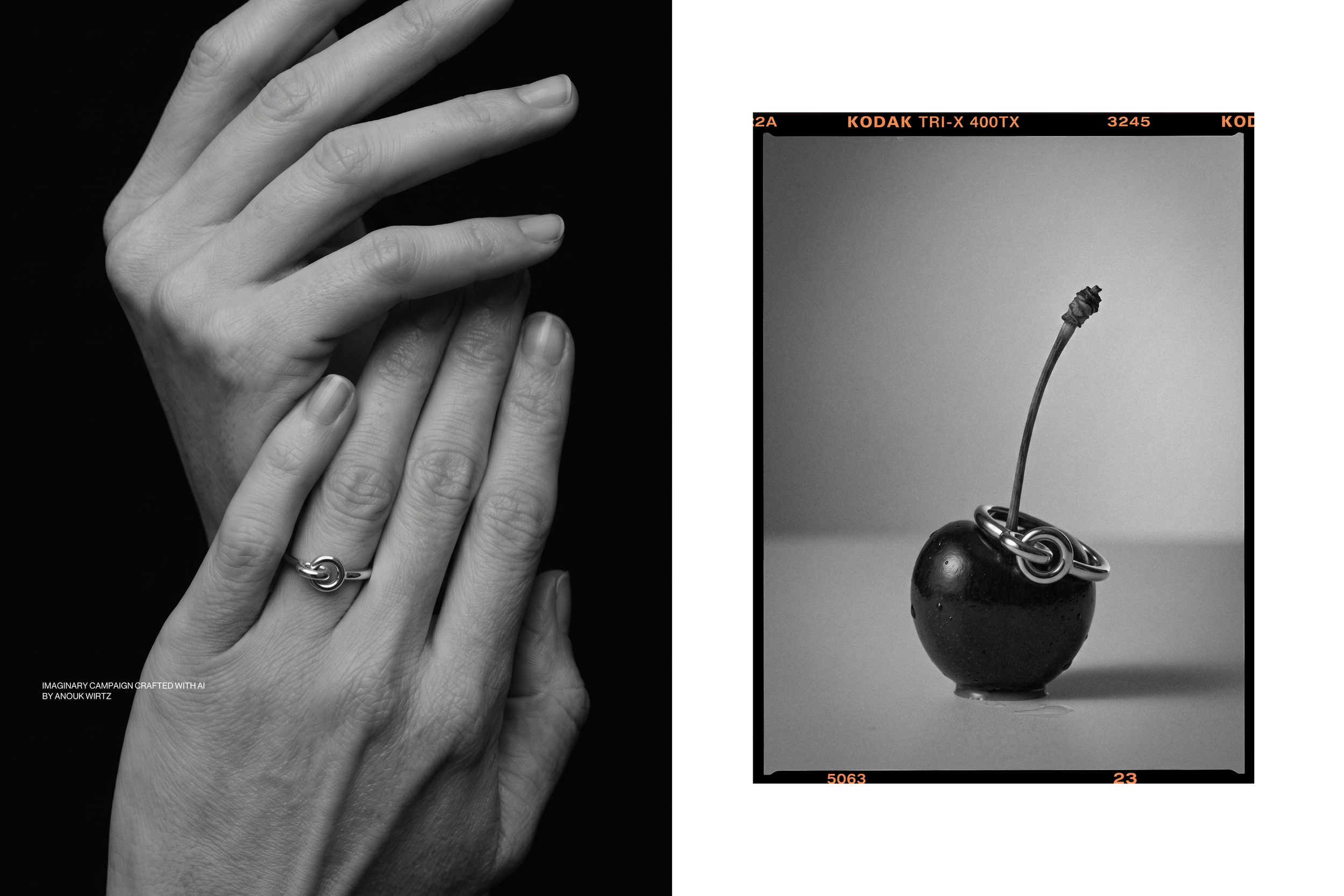 Black and white close-up photograph of a hand with fingers crossed, wearing a ring on the ring finger. The image is divided into two parts, with the other part showing a photograph of a cherry with a ring around its stem, taken on a film strip backgr