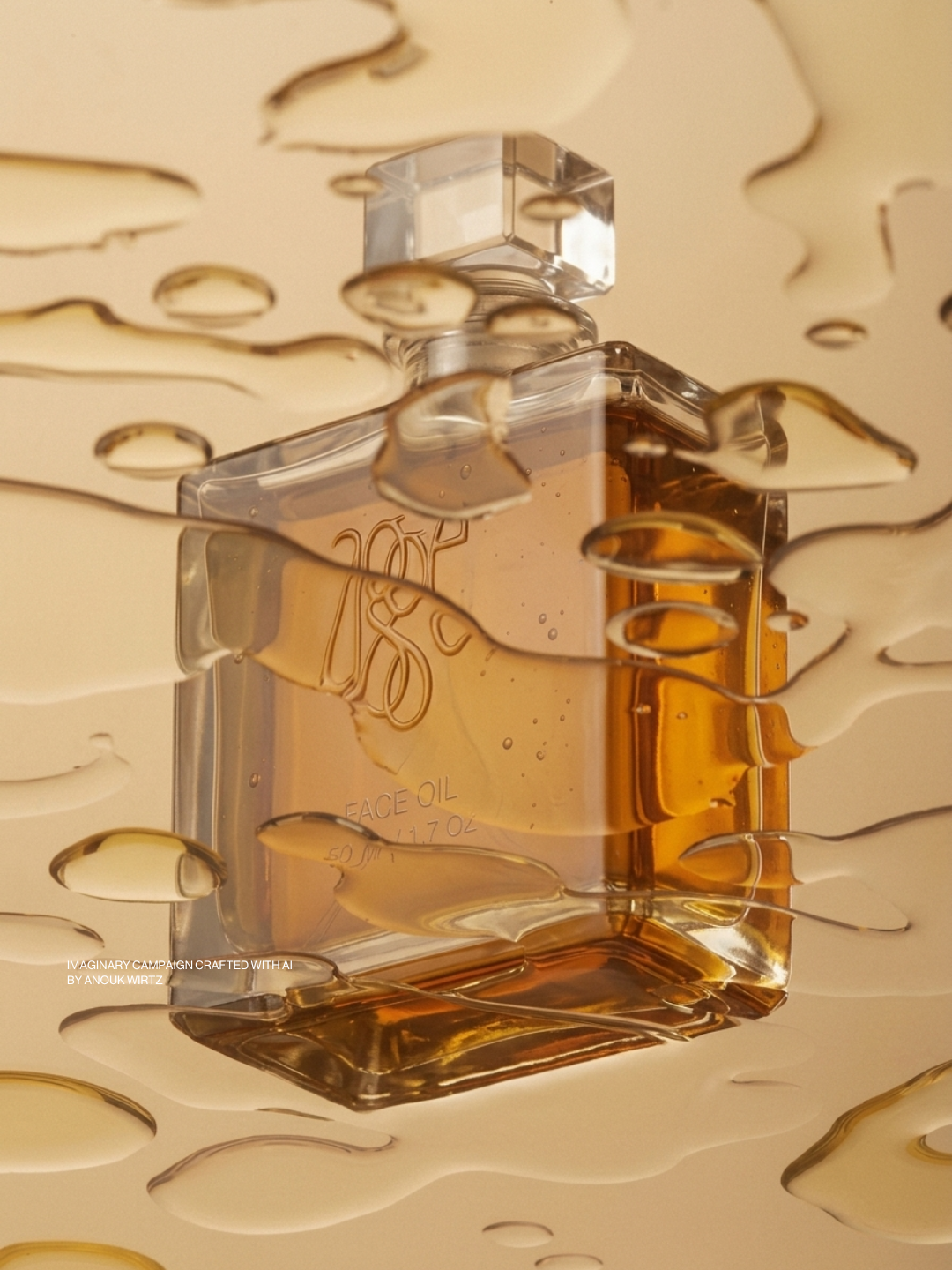 A perfume bottle inside a shower of water droplets and splashes, with the perfume labeled 'Face Oil' and '50 ml / 1.7 oz'.