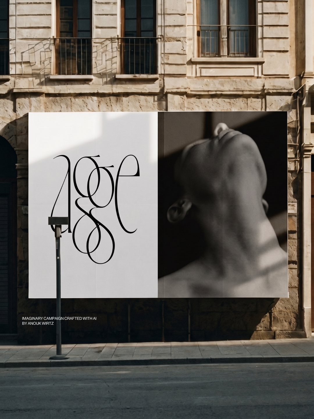 Large artwork on a building featuring abstract black line calligraphy on a white background and a black-and-white photo of a human face tilted upward.