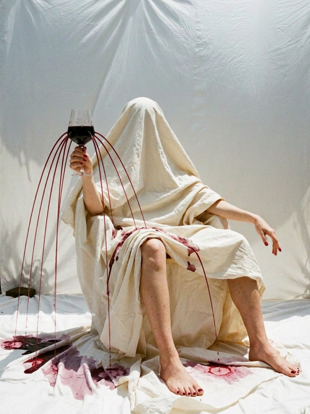 A person with a cloth covering their head and face, seated on a chair covered with a cloth, holding a glass of red wine, with red liquid spilling onto the fabric and floor, and red strings hanging from the glass.