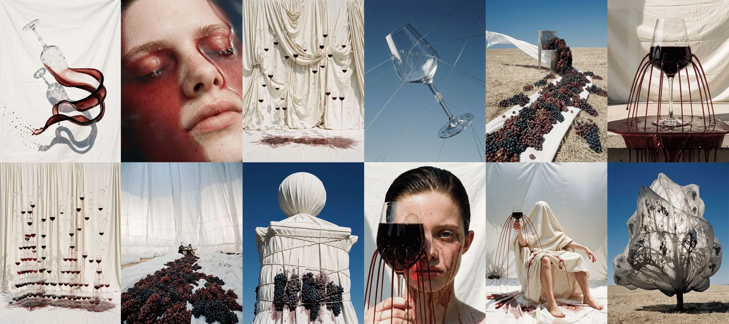 Collage of art installations and scenes involving wine and grapes, including wine glasses, a person with blood and wine on their face, grapes spilling from a table, sculptures, and outdoor scenes with clear skies.