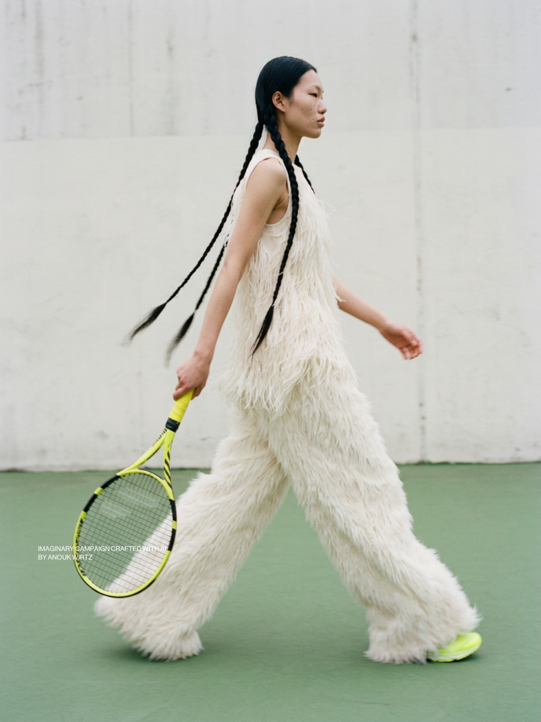 A woman with long black braided hair walking on a green indoor tennis court, holding a yellow tennis racket, wearing a furry beige outfit.