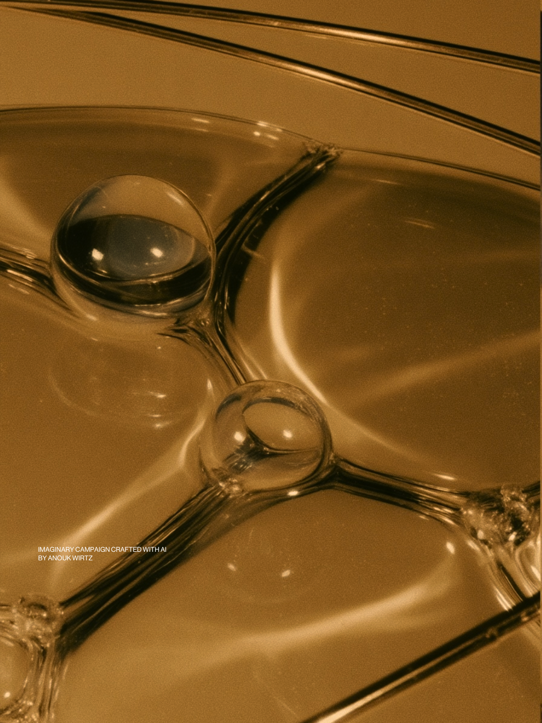 Close-up of interconnected glass bubbles or spheres with a warm golden hue, highlighting reflections and transparency.