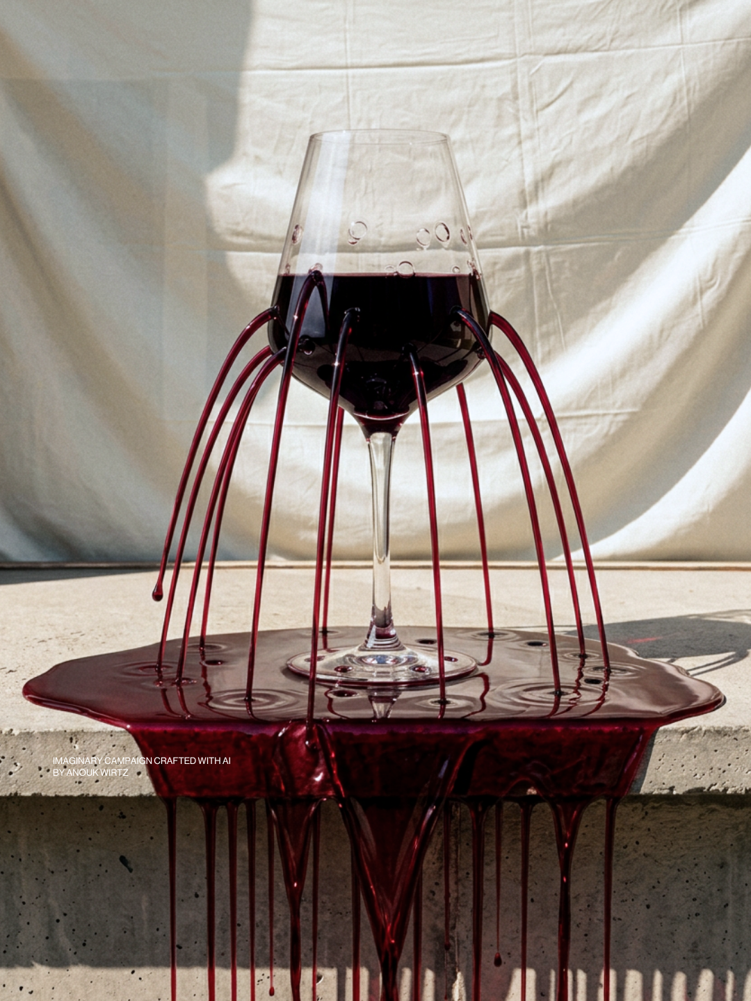 A glass of red wine resting on a red wire wine holder with spilled red wine on a concrete surface, with a beige fabric backdrop.