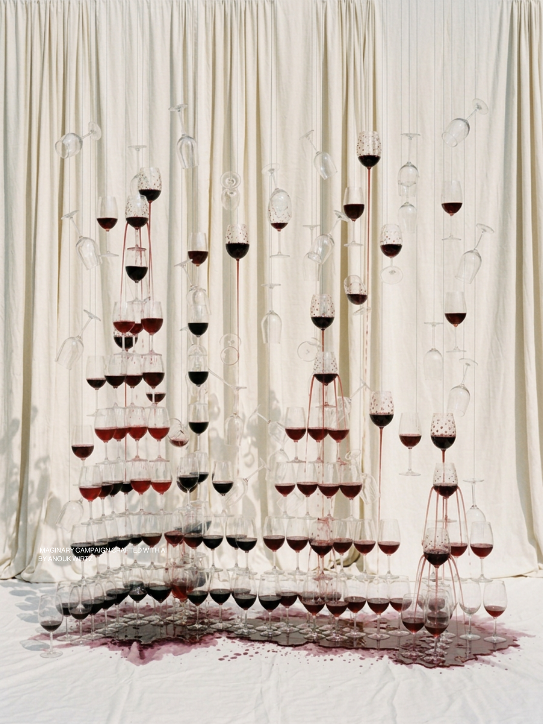 An art installation of stacked wine glasses with red wine, some glasses tilted or falling, against a cream-colored curtain background.