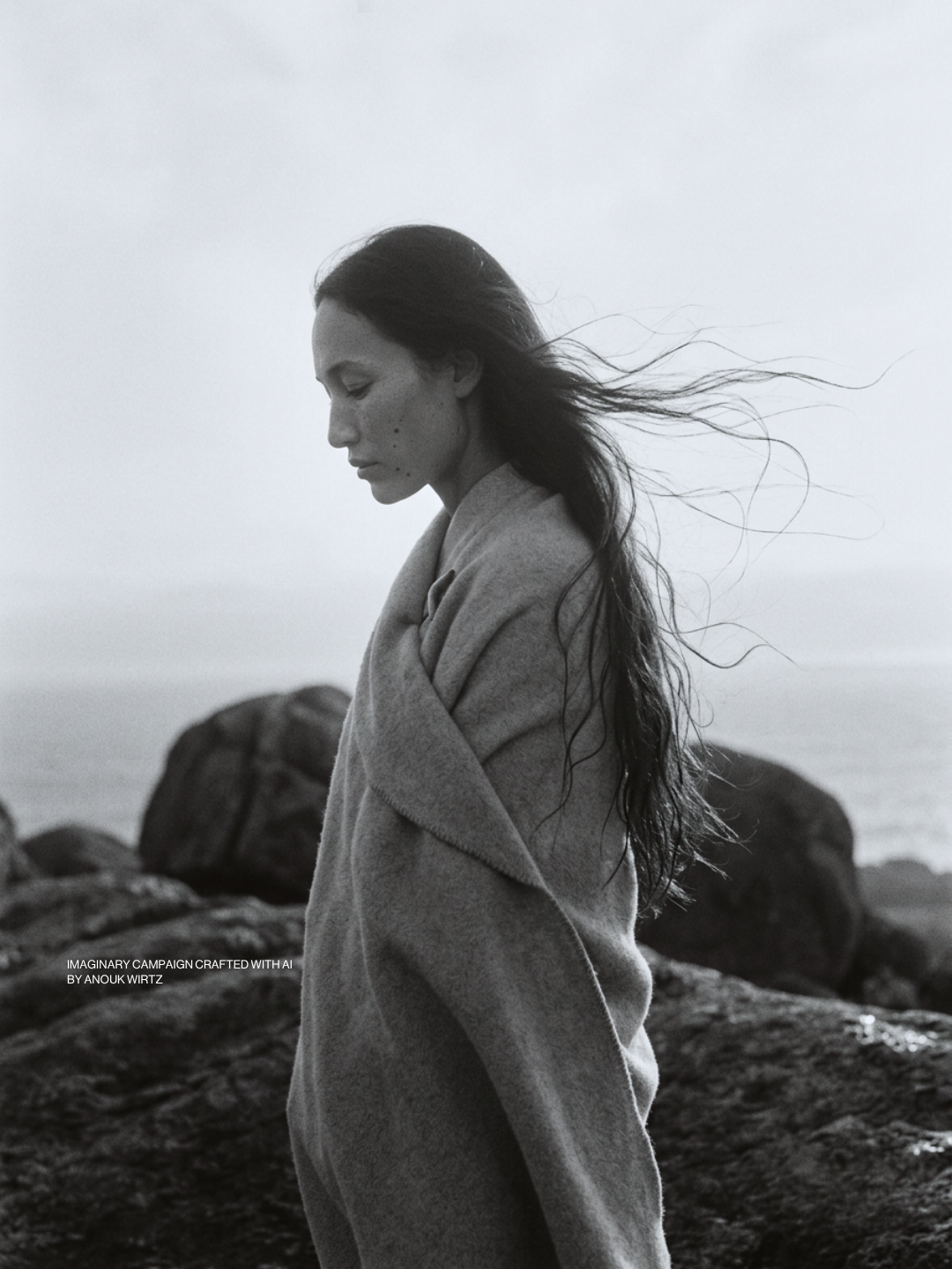 A black and white photo of a woman with long hair standing on rocks near the ocean, looking down with her hair blowing in the wind.