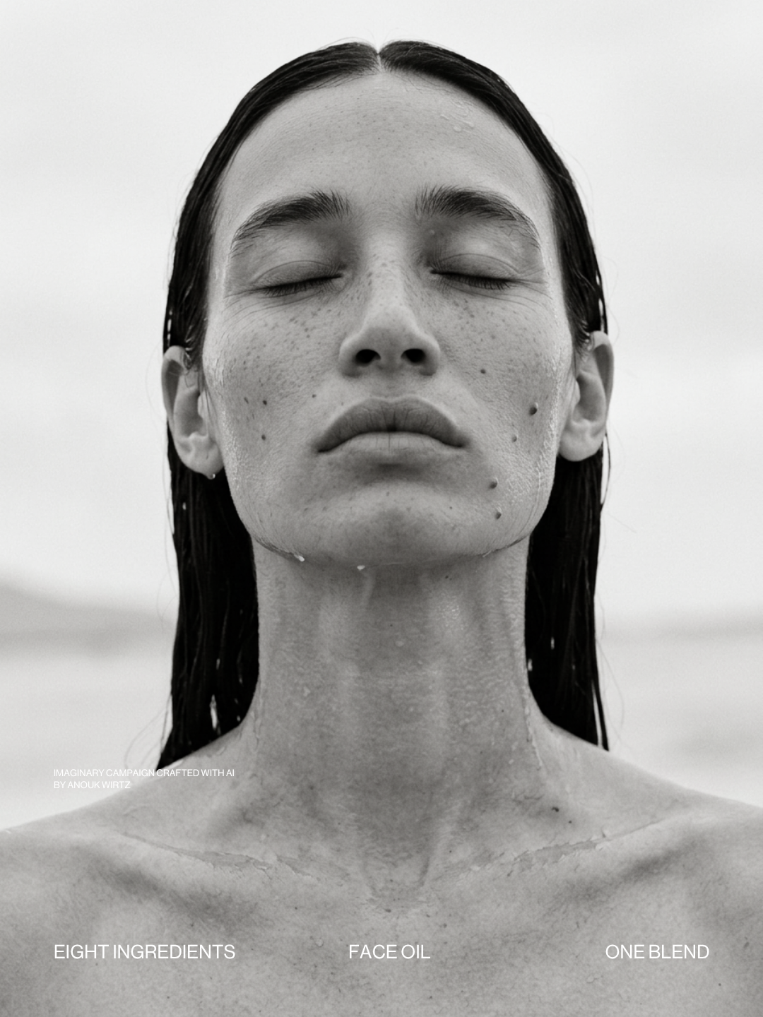 Black and white portrait of a woman with closed eyes, wet hair, and a serious expression, with minimal makeup and natural skin texture.