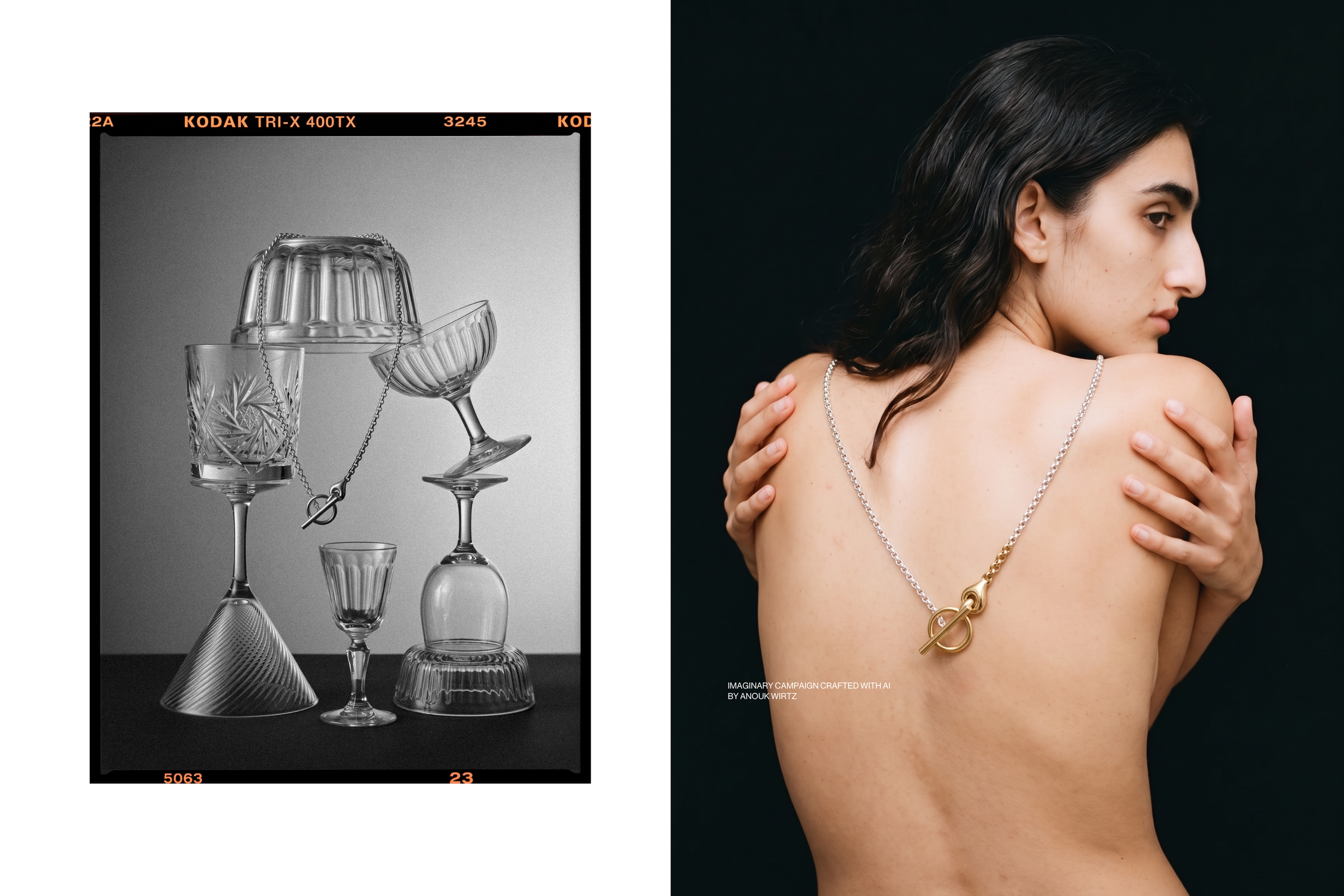 Comparison of a black-and-white photo of glassware on the left and a colored portrait of a woman with dark hair and a silver necklace on the right.