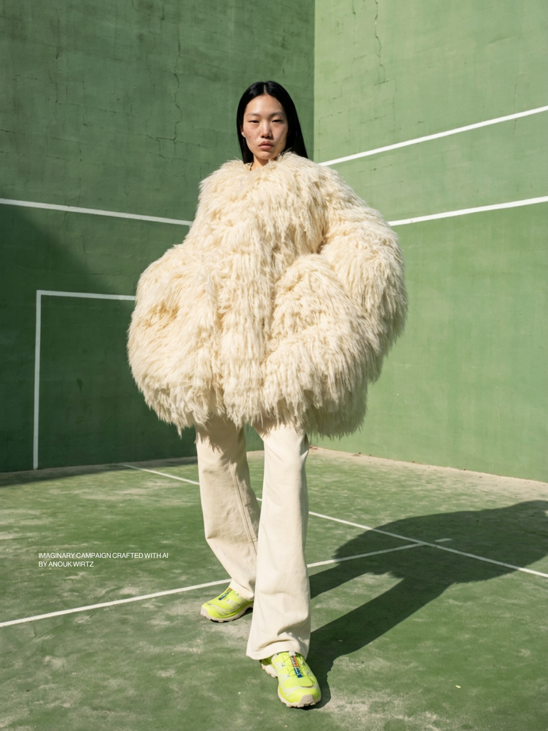 A person wearing a large cream-colored faux fur coat, cream-colored pants, and bright yellow sneakers stands on a green tennis court with a green wall in the background.