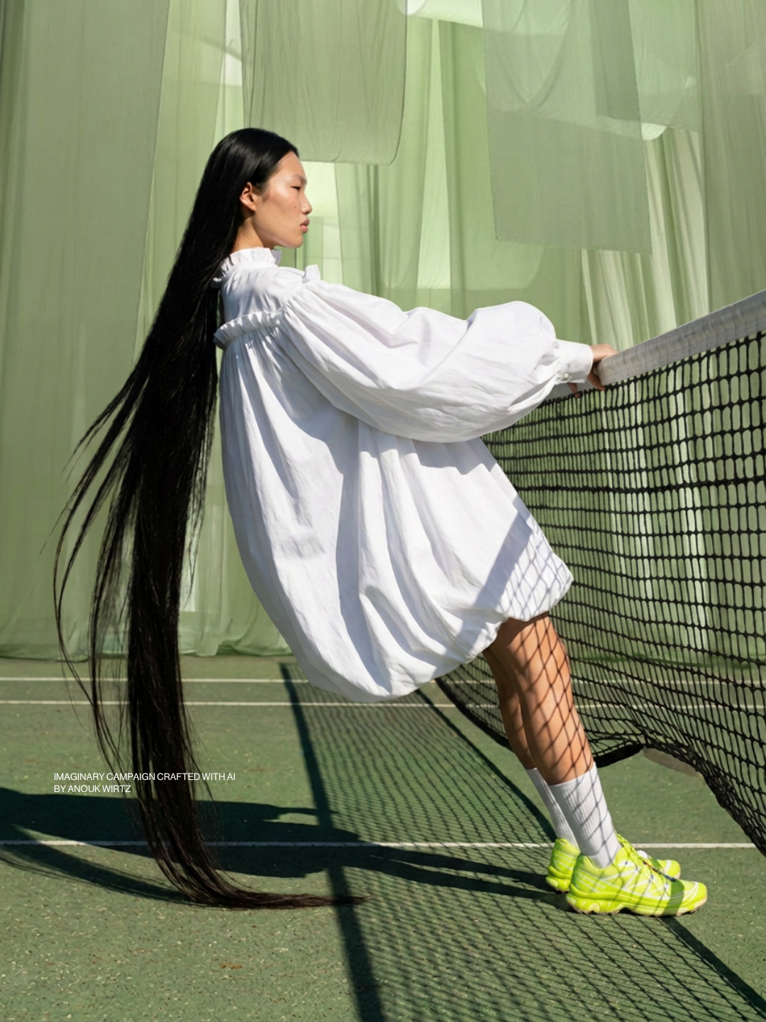 A woman with long black hair in a white oversized dress and bright yellow sneakers plays tennis on an indoor court with green curtains behind her.