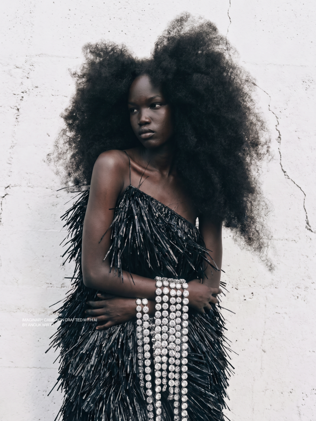 A woman with dark skin and voluminous, curly black hair is wearing a black dress made of feathers and long strands of rhinestones or crystals. She is standing against a white, textured wall with cracks.