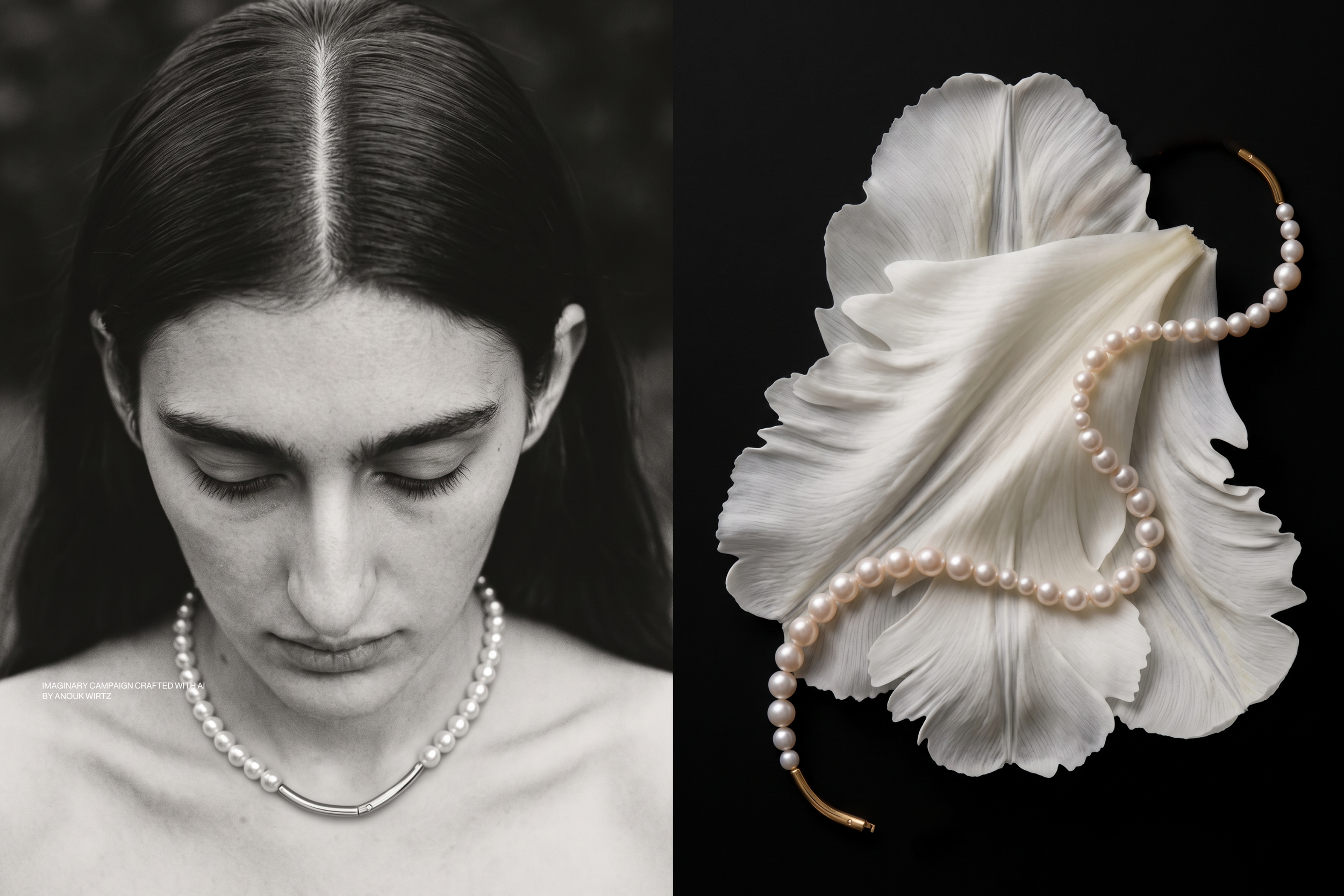 A split image showing a black and white portrait of a woman with her eyes closed on the left, and a still life of a white flower with a pearl necklace and bracelet on the right.