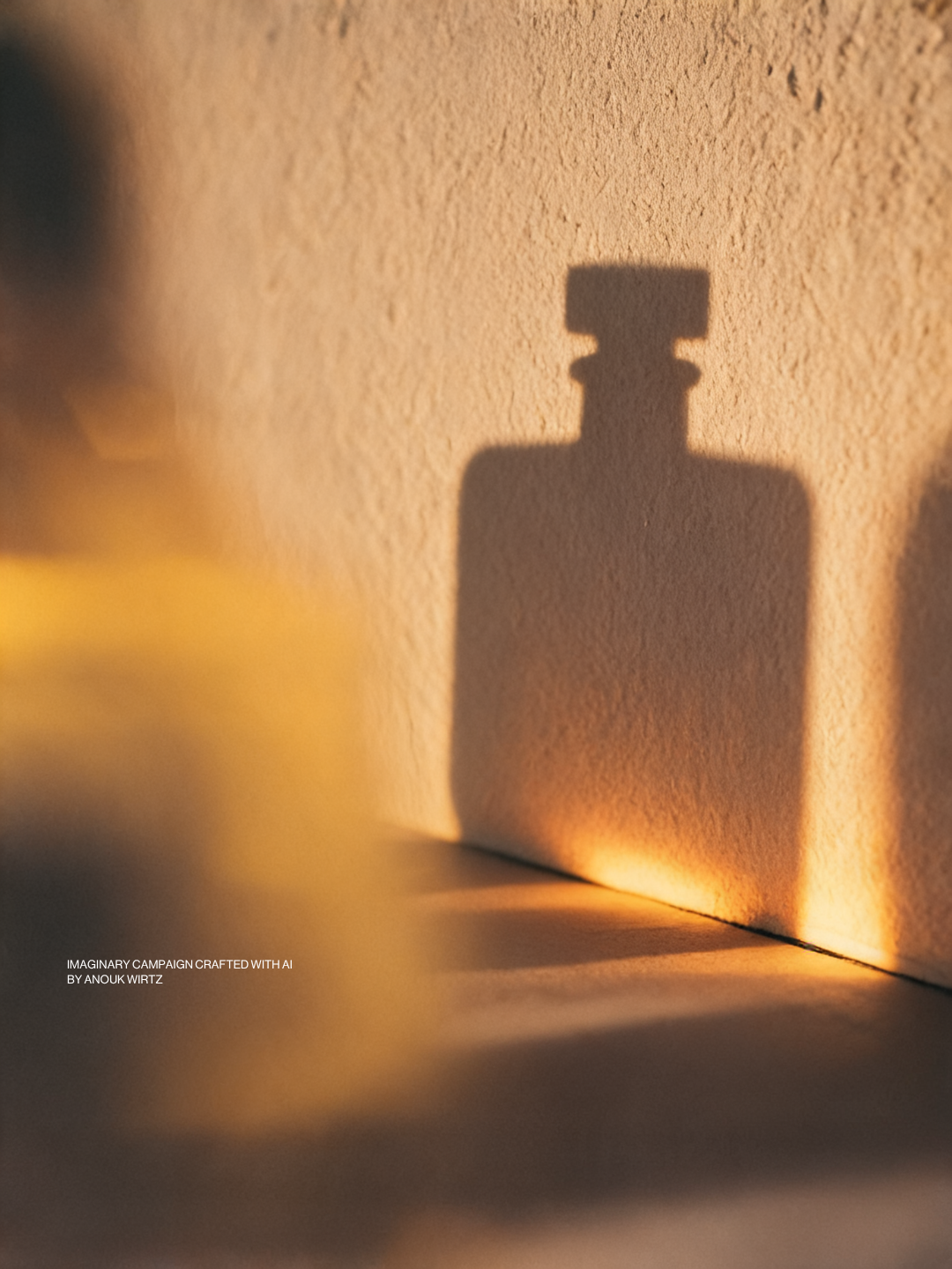 Shadow of a small bottle cast on a textured wall with warm lighting.