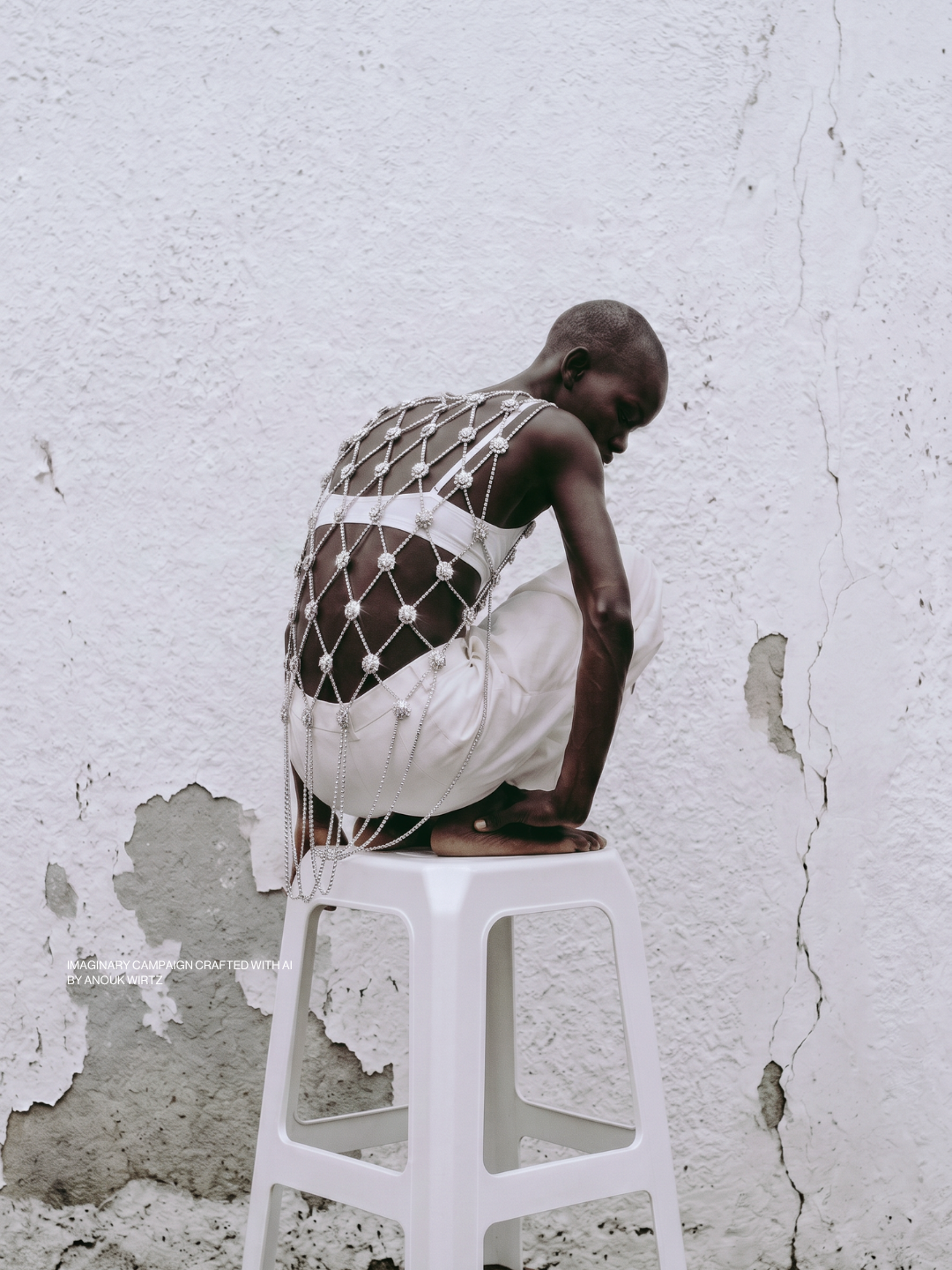 A person with a shaved head, wearing white pants and a decorative top with pearl-like chains, is crouching on top of a white stool against a textured white wall with peeling paint.