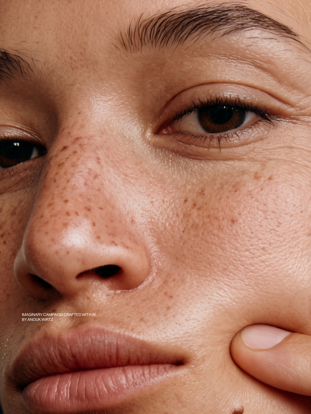 Close-up of a person's face, highlighting the nose, lips, and an eye, with facial skin details visible.