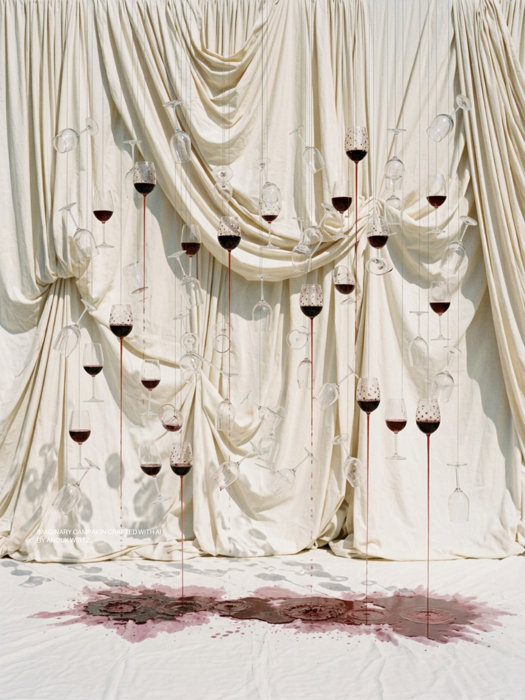 Art installation of hanging wine and wine glass sculptures against cream-colored draped fabric backdrop with wine stains on the floor.