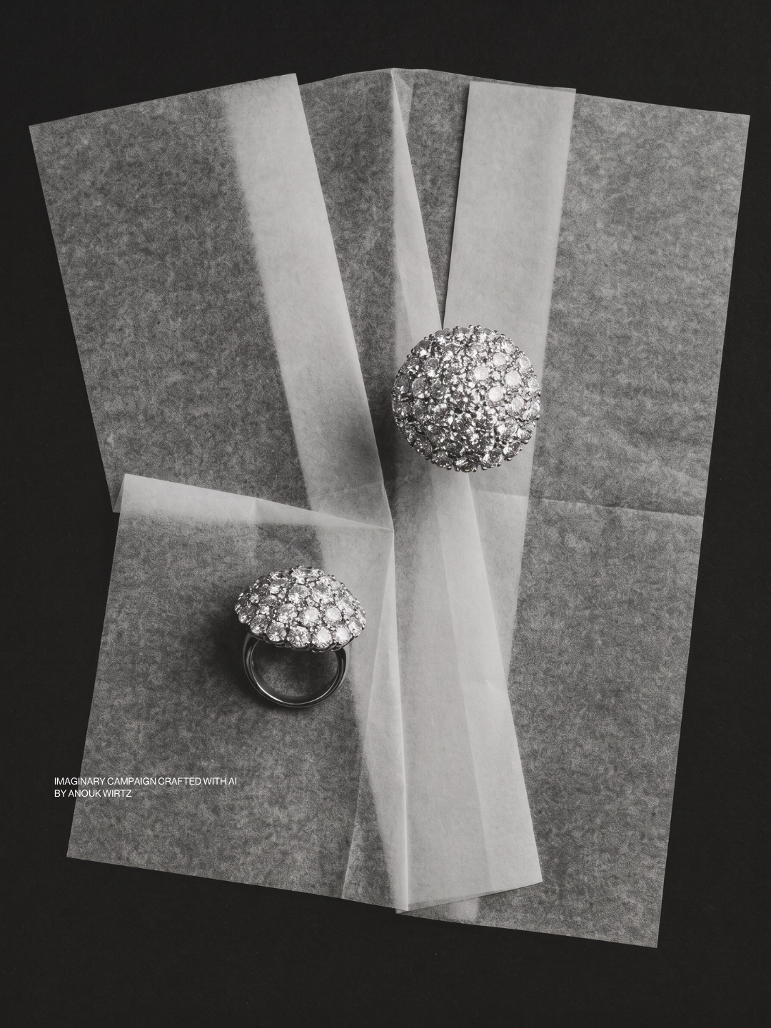 Two pieces of jewelry with pearl-like, gem-encrusted spherical tops, placed on white paper against a dark background.