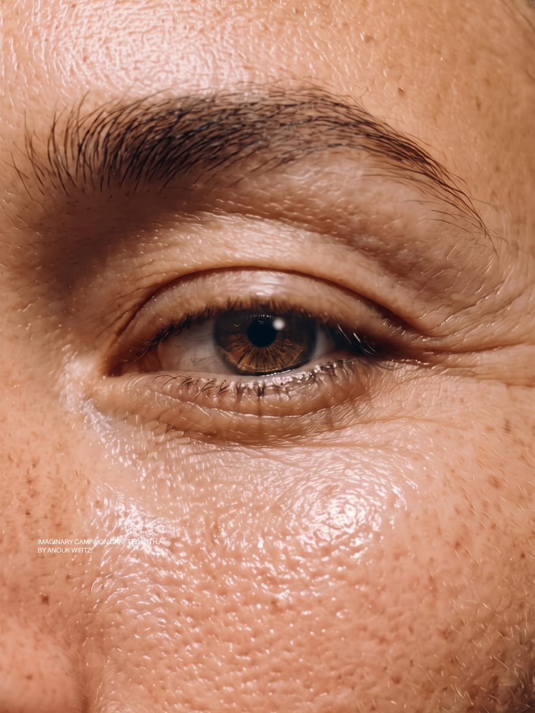 Close-up of a person's eye with a brown iris, slightly open eyelid, and detailed skin texture around the eye.