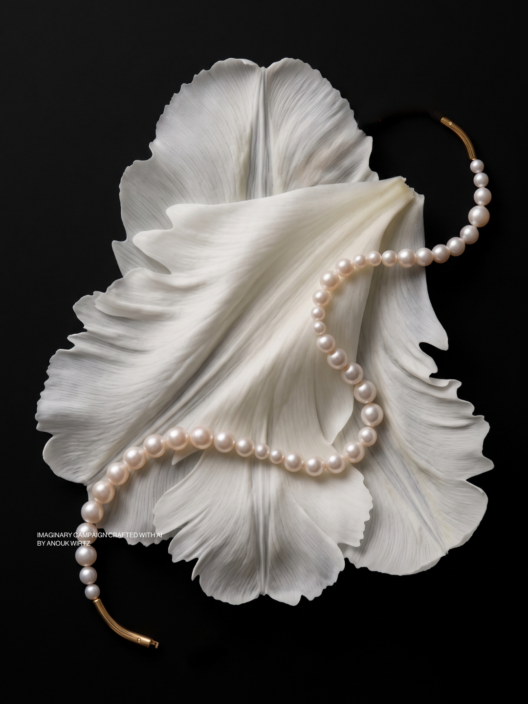 White flower petal with a pearl necklace on a black background.