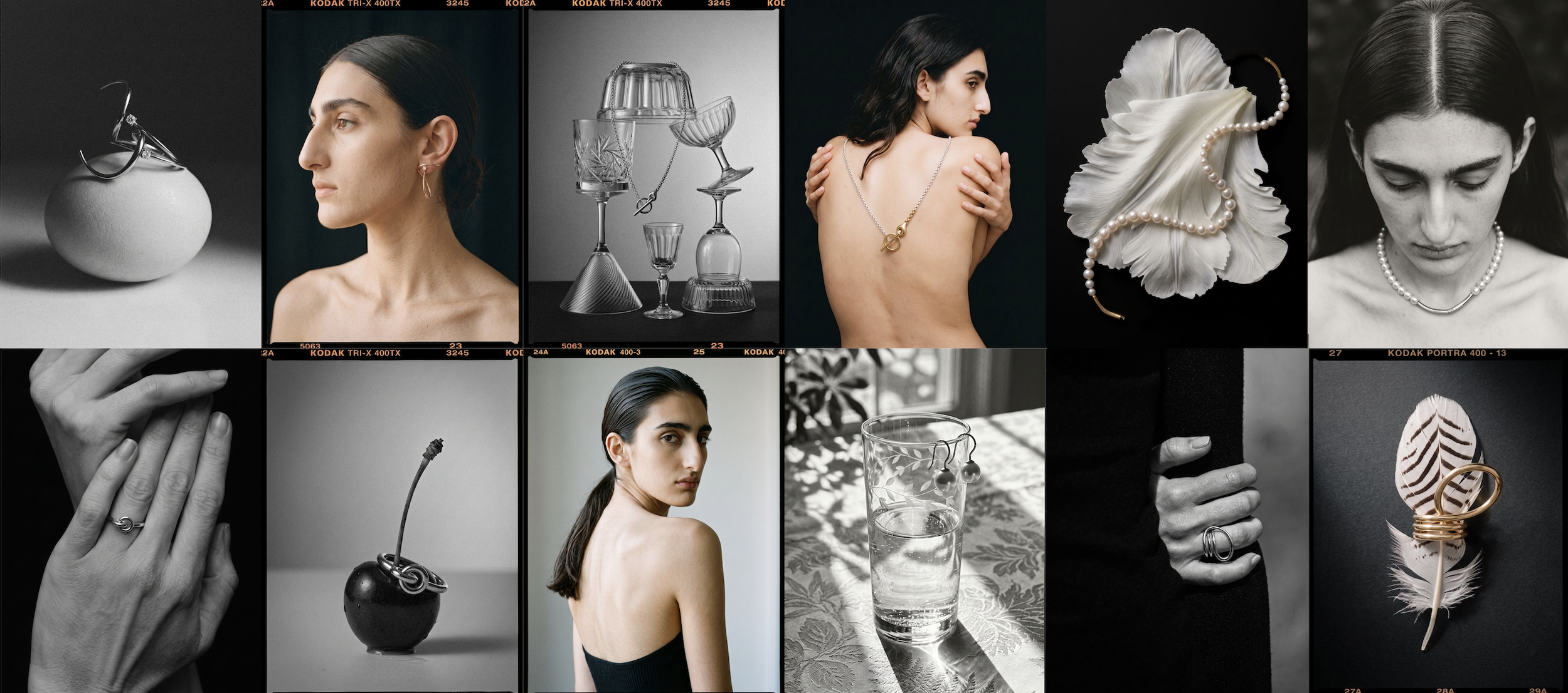 A collage of black and white and color photographs featuring jewelry, glassware, and a woman with dark hair. The jewelry includes earrings, rings, necklaces, and a pearl bracelet. The glassware consists of wine glasses, a goblet, and a drinking glass. There are also images of a hand touching a ring, a cherry with a ring, and a leaf with jewelry. One woman is shown from the shoulders up, looking to the side, and another with her back turned, showcasing a back necklace.
