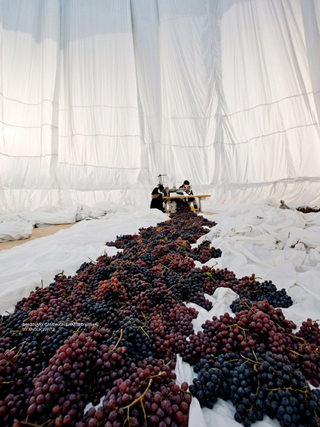 Grapevines being inspected or tested inside a large white structure, possibly a greenhouse, with two people working at a table surrounded by a large pile of bunches of grapes.