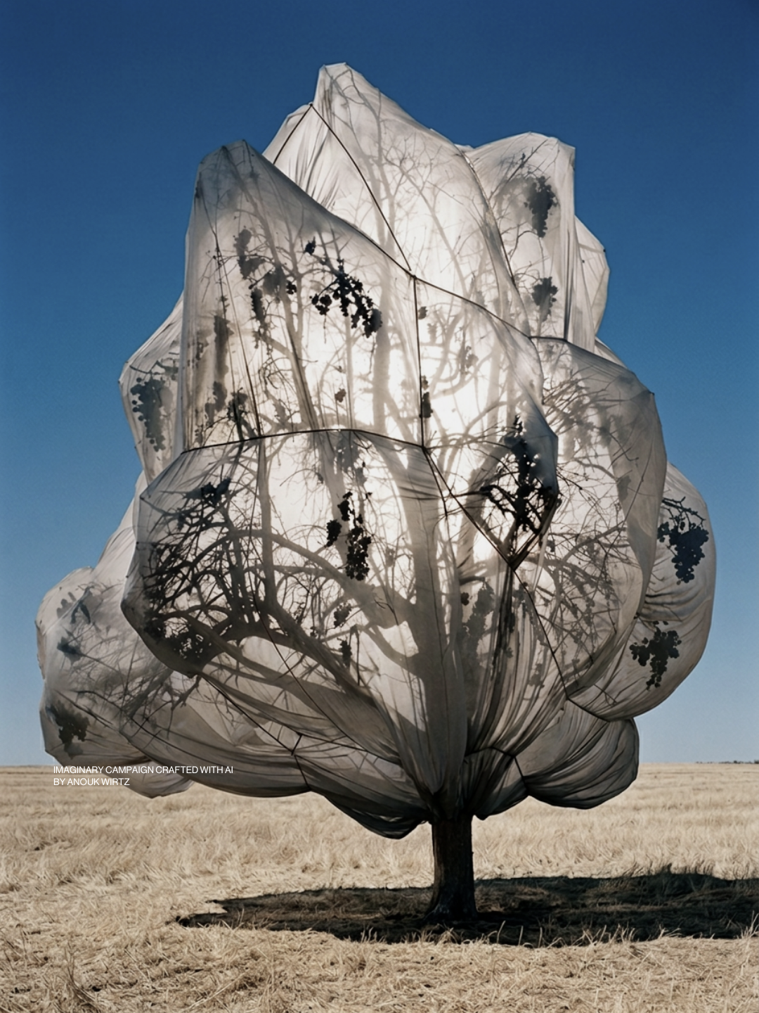A large, abstract, tree-shaped sculpture made of translucent fabric with printed branches and leaves, standing in a dry grassy field under a clear blue sky.