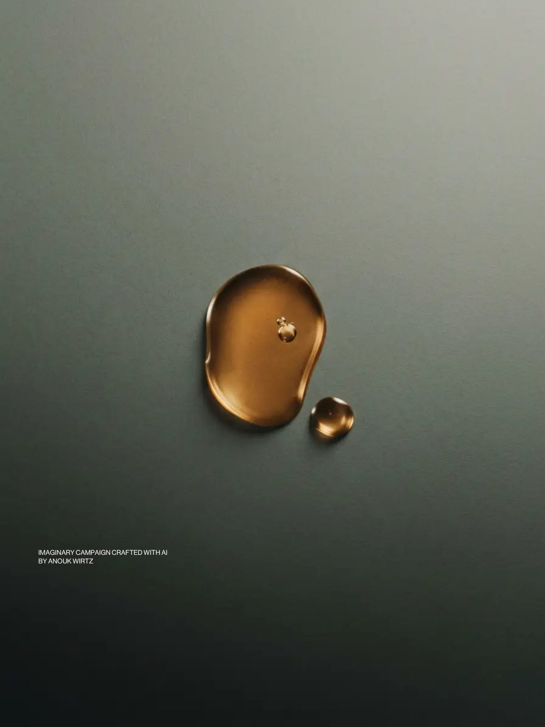 Close-up of a metallic abstract shape on a muted gray background with small text in the bottom left corner.