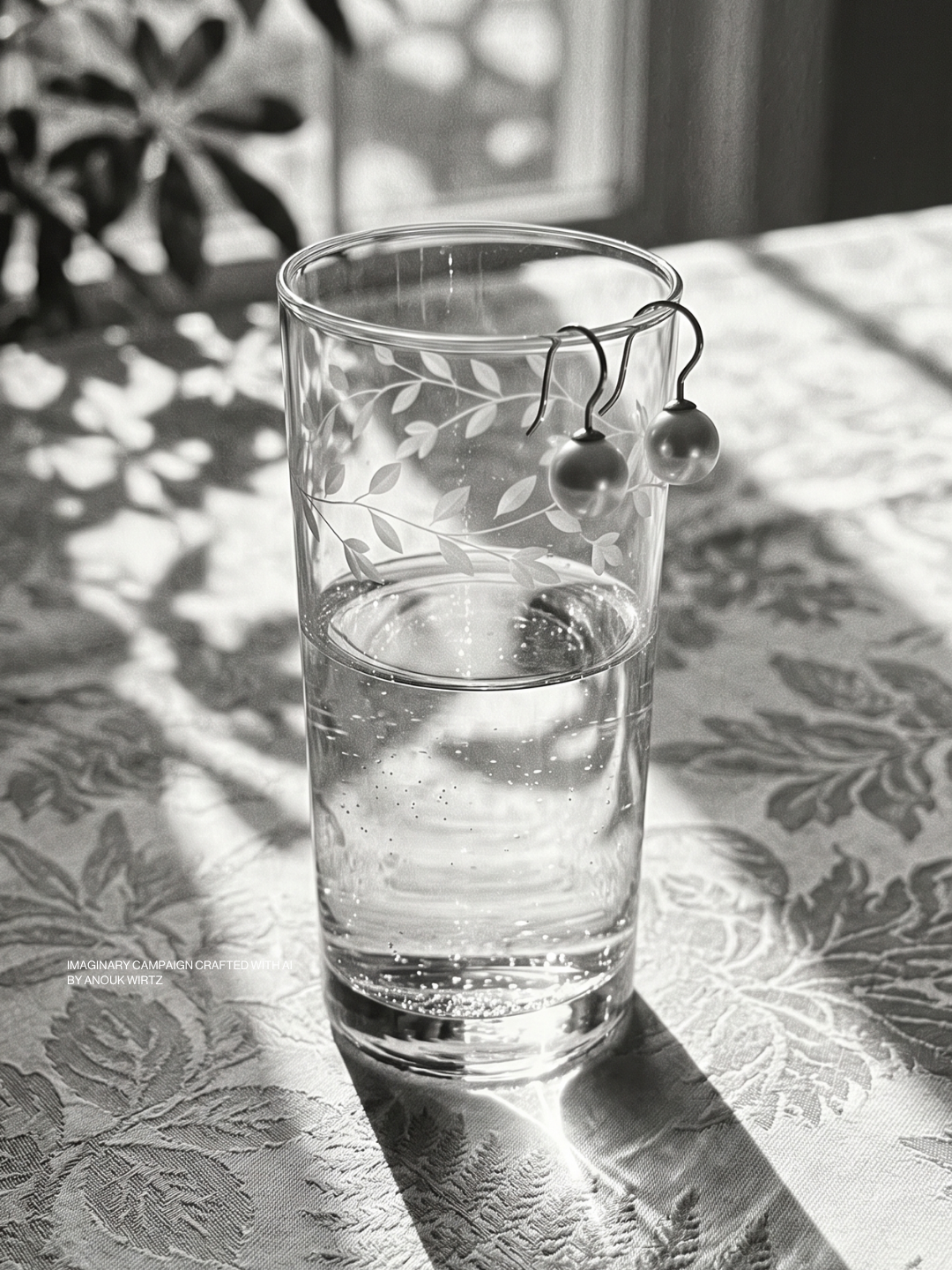 A clear glass with pearl earrings hanging over its rim, filled with water, placed on a table with a patterned tablecloth. Light and shadow create a dappled effect on the surface.