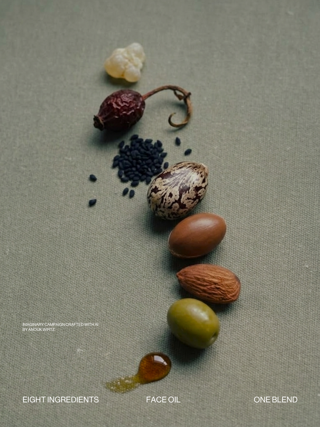 Assorted natural ingredients including a white resin, red seed, black seeds, patterned seed, almond, walnut, almond nut, green olive, and a drop of face oil arranged on a green surface.