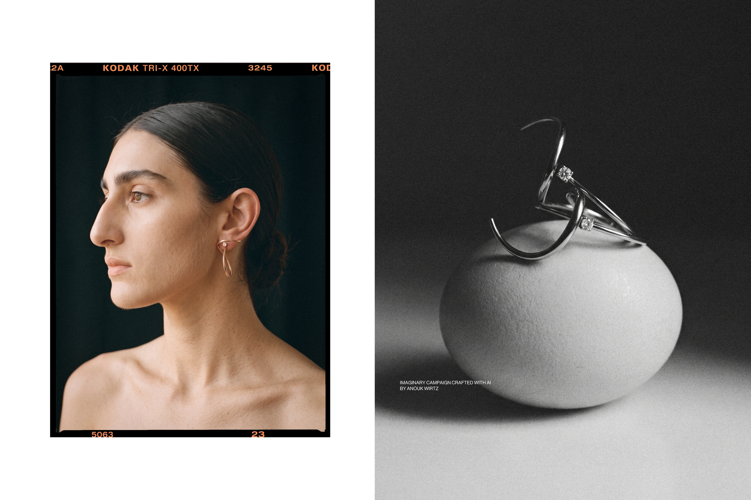 A side profile portrait of a woman with dark hair styled back, wearing a gold earring on an ear, and the neck and shoulder visible, on a black background. Next to her, a black and white photograph of a metallic ring with diamonds resting on a smooth,