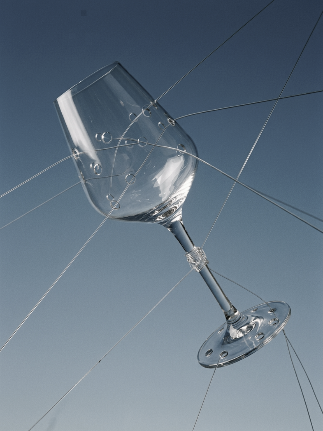 A wine glass with holes in it, suspended against a blue background with thin wires crossing behind it.