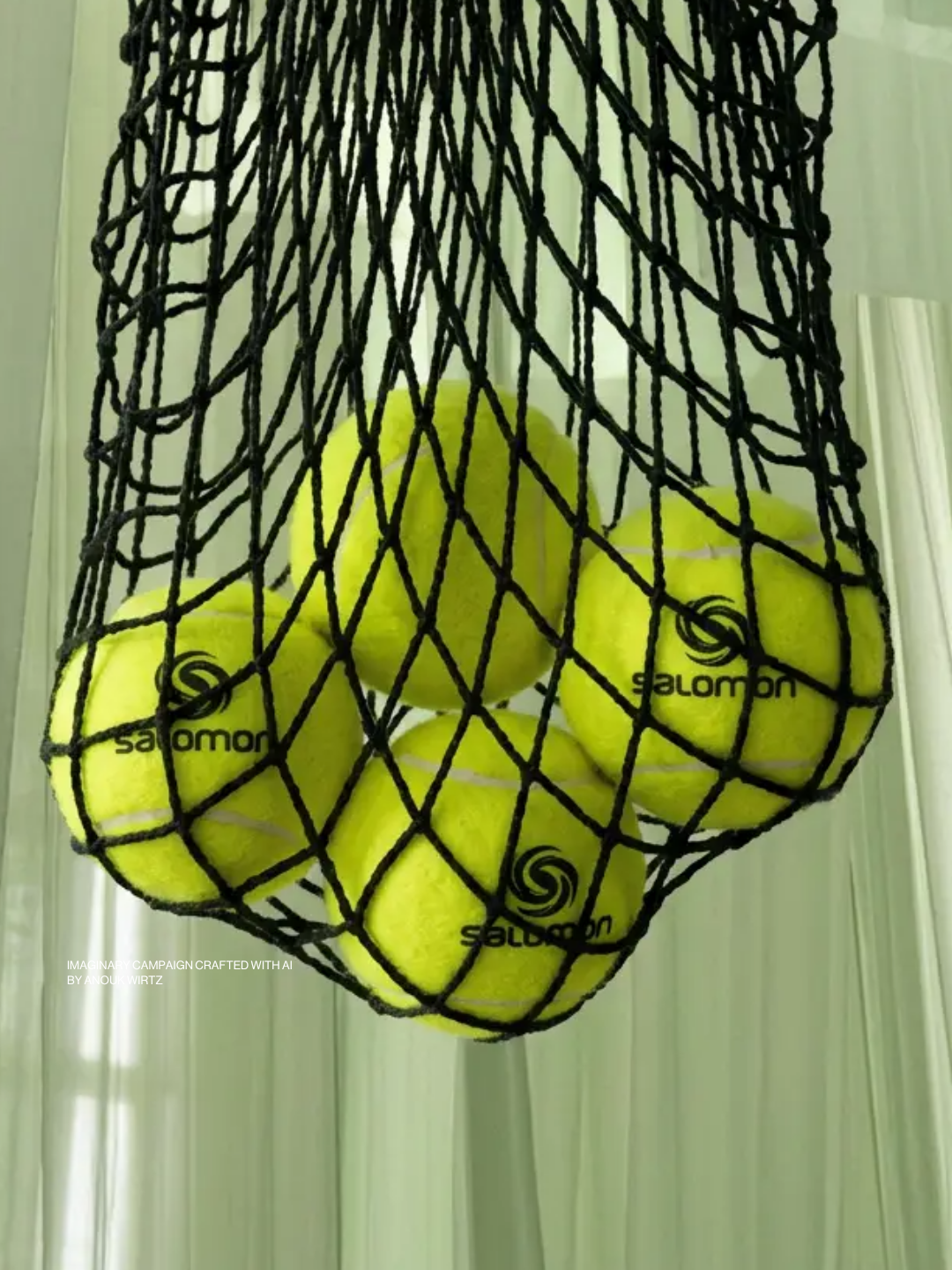 A black net bag holding multiple yellow tennis balls with the Salomon logo visible on some of the balls, hanging in front of a light-colored curtain.