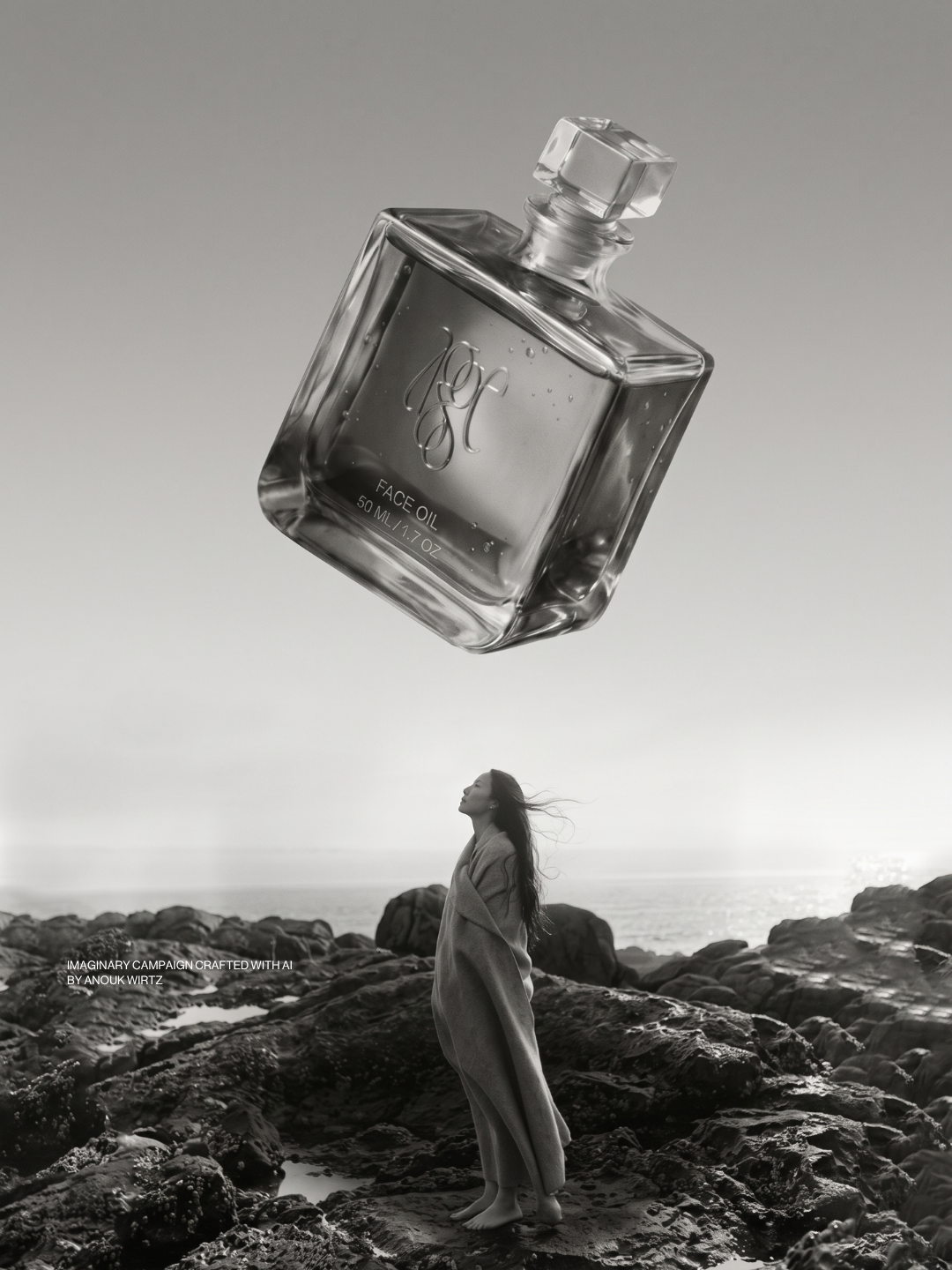 A black and white surreal photograph of a woman standing on rocky shoreline, gazing upward, with a large floating bottle of face oil above her.
