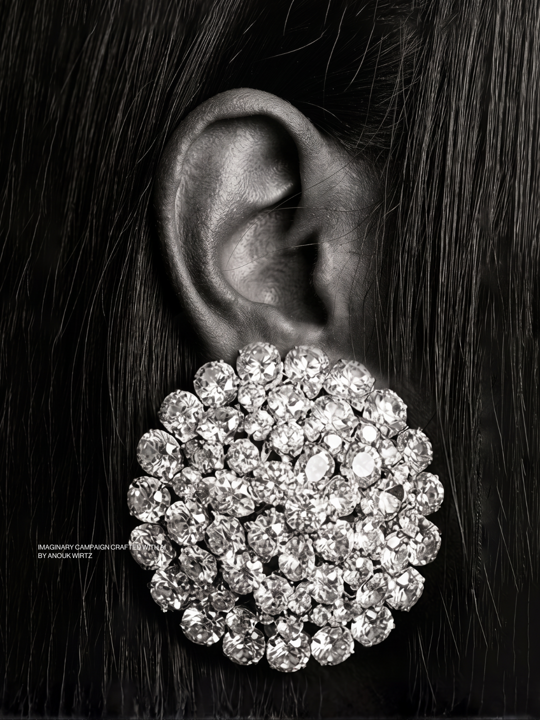 Close-up black and white image of a human ear with an earring made of multiple sparkling gemstones, surrounded by dark hair.