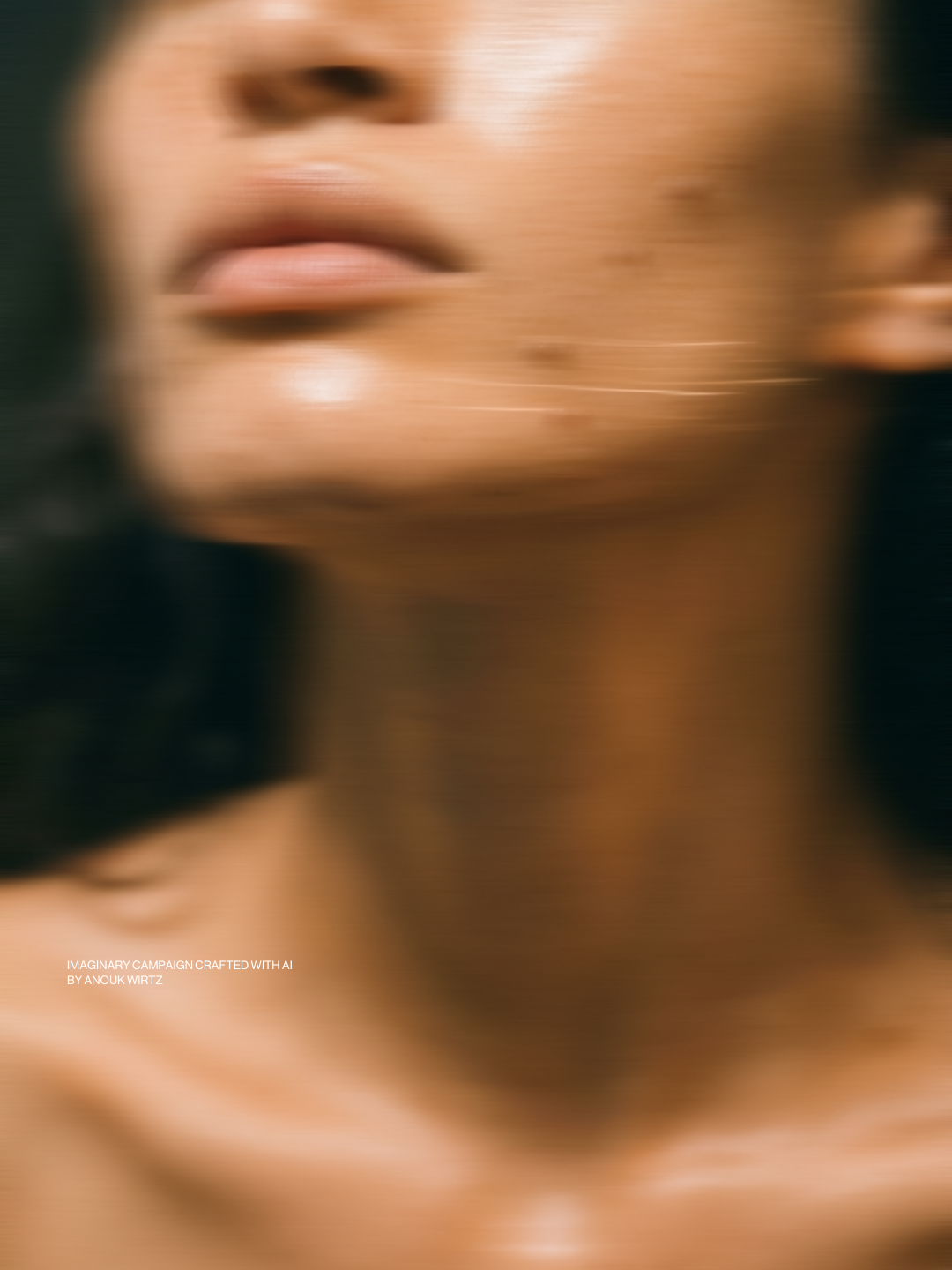 Close-up of a woman's face with a blurred effect, showing her lips, chin, and part of her neck, with dark hair visible on the left.